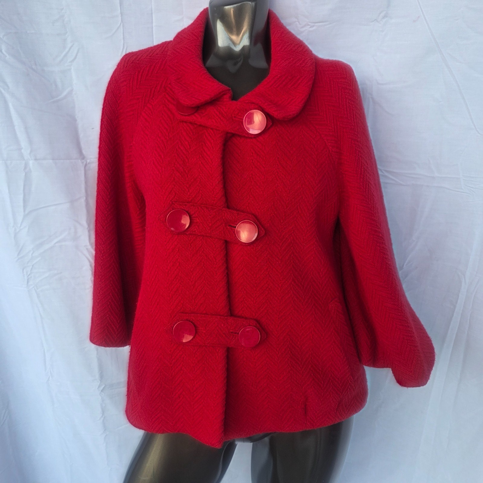 VTG Harold’s Red Wool Blend Jacket Women S Herringbone Textured Button Coat
