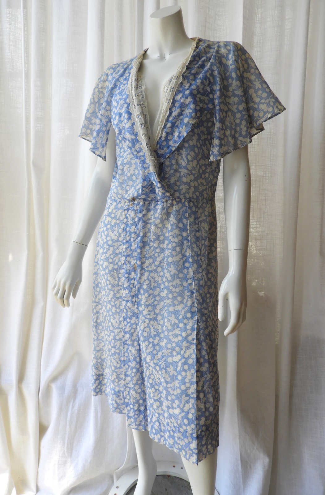 Vtg 1930&rsquo;s Gatsby Ladies Blue White Cherries Cotton Day Dress sz M