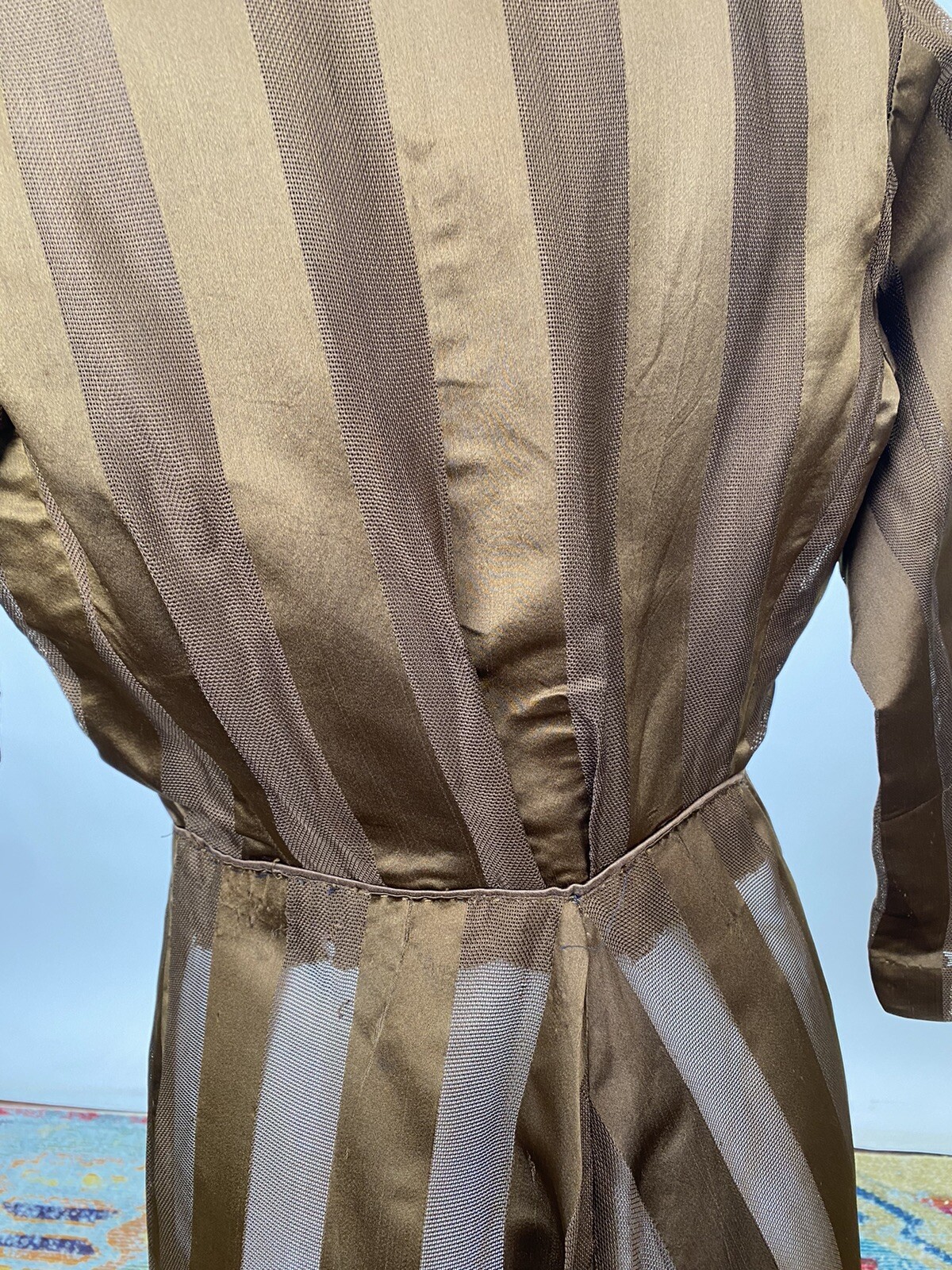 Brown Silk Net Striped Antique Victorian Walking Dress Edwardian 1900s AS IS