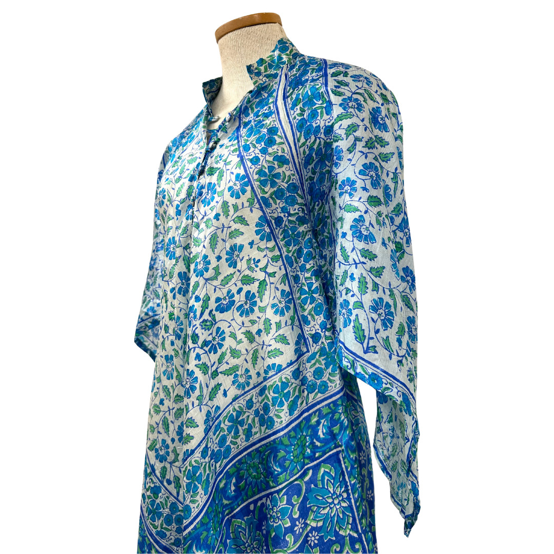 Vintage 1970s Zodiac Silk Cerulean Blue Midi Dress Caftan with Angel Sleeves