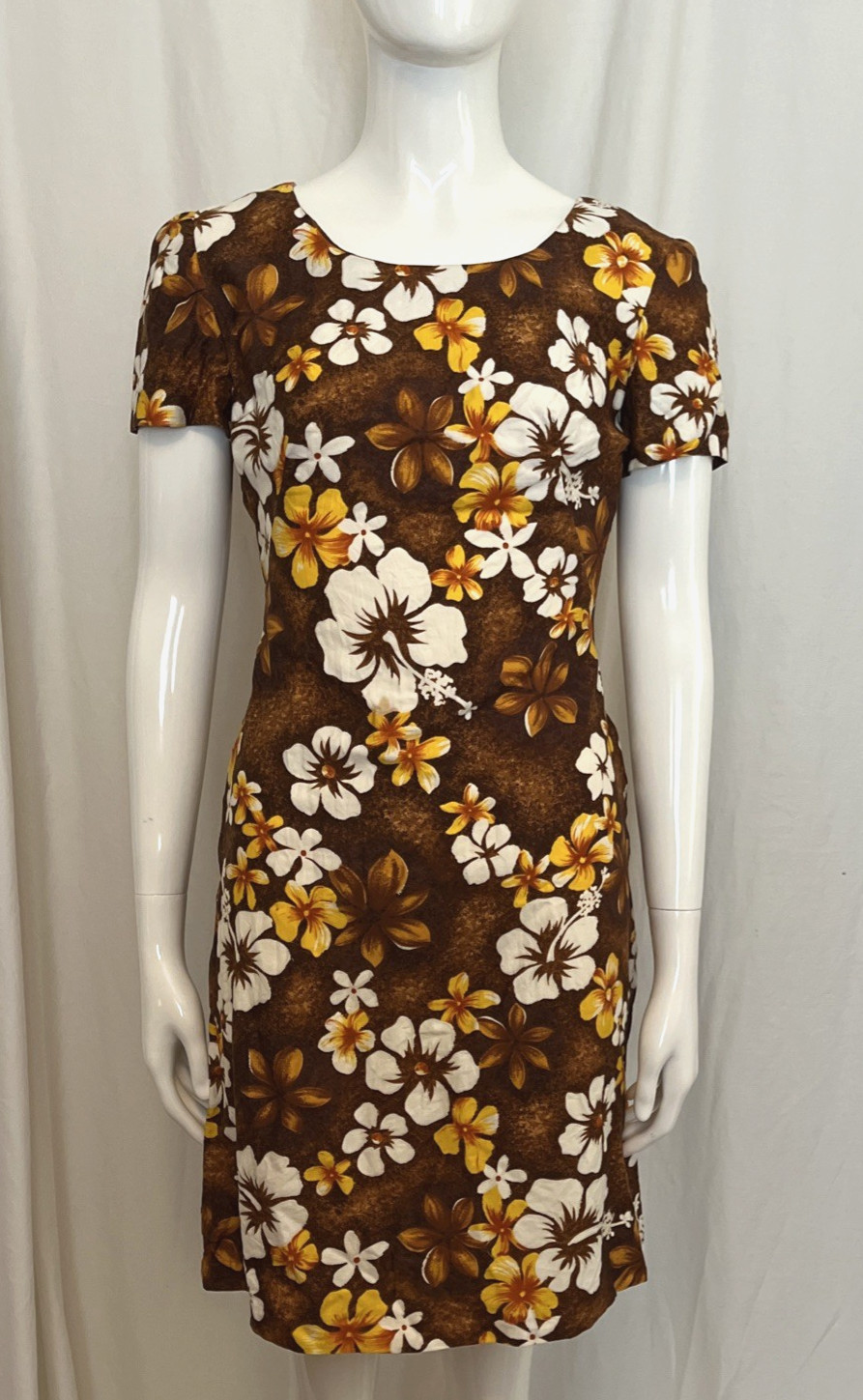 Vintage Handmade? Hibiscus Hawaiian Dress XS Brown Floral Double Darts in Front