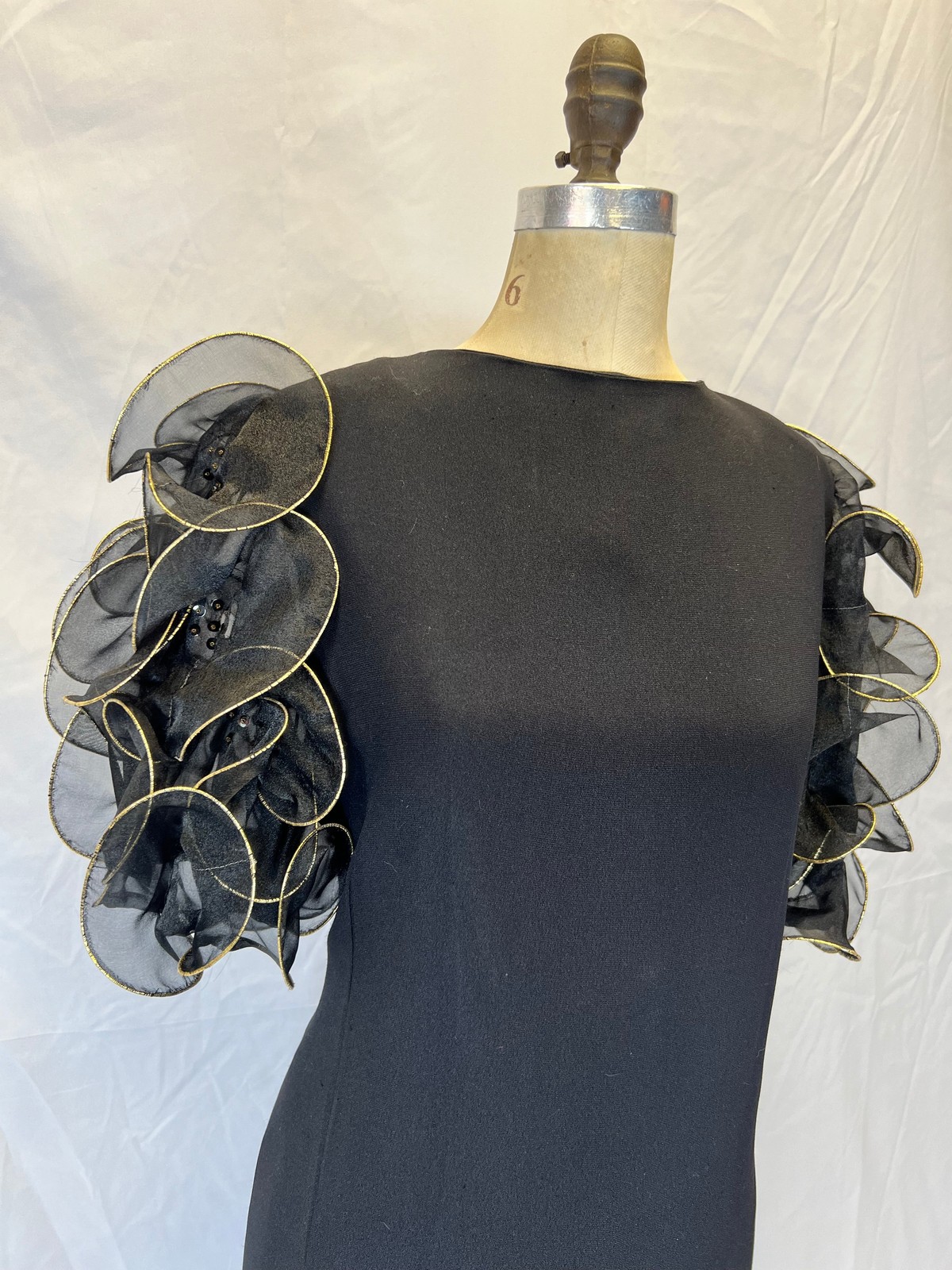 Black and Gold Puff Shoulder 1980s Statement Dress, size L