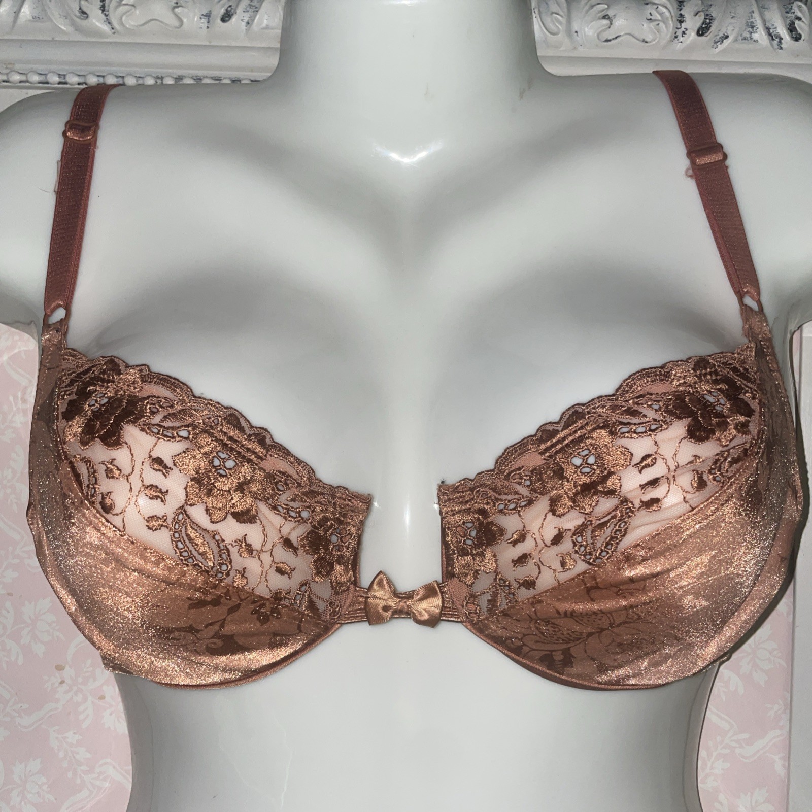 VTG Victoria’s Secret Satin Brocade Embroidered Lace Unlined Bra 32C Copper