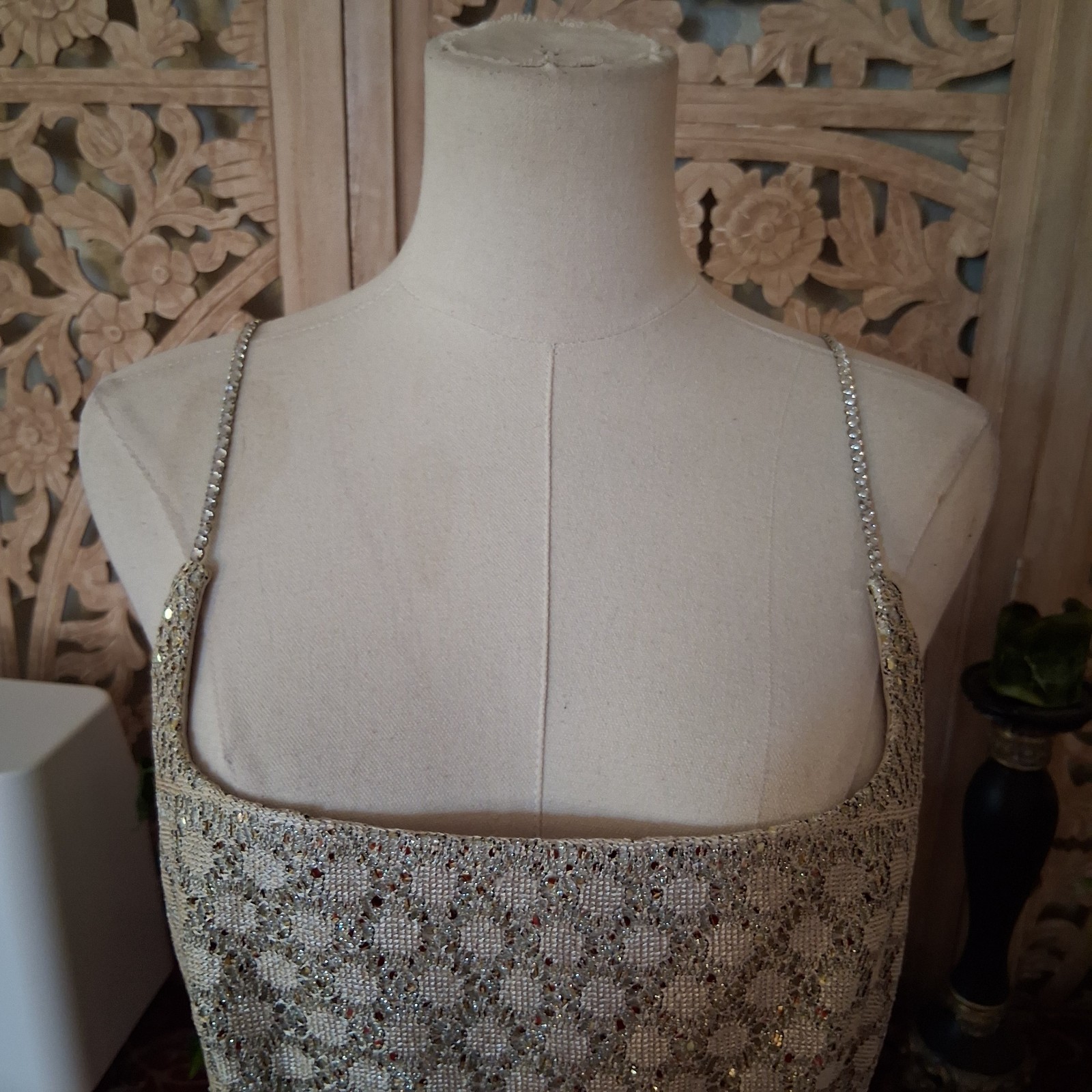 Vintage 1990s Crochet Metallic Sequin Empire Waist Rhinestone Deadstock Dress
