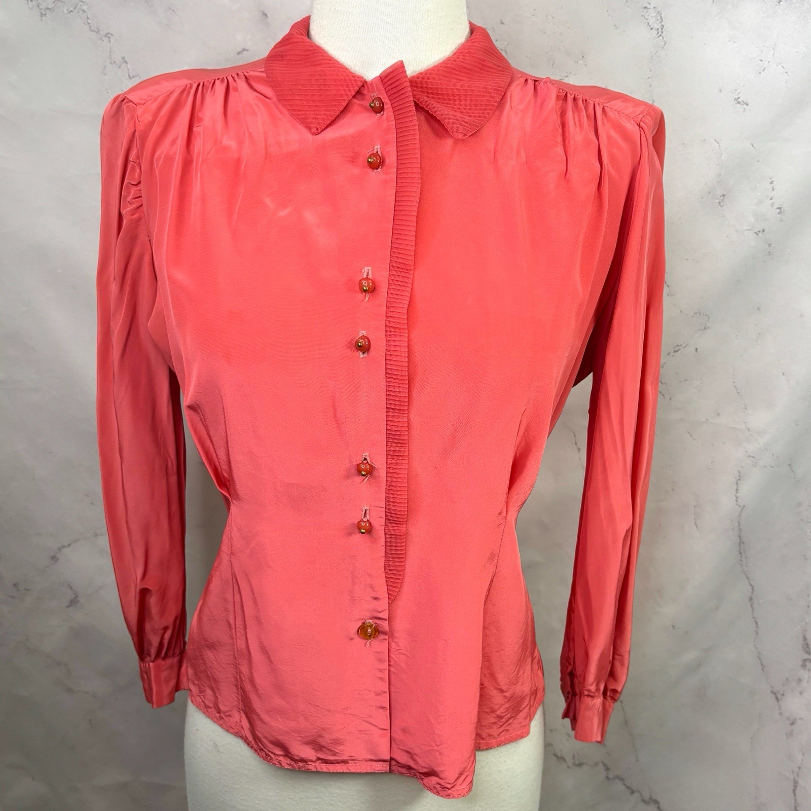 VTG 1940s Pink Button Up Blouse Pink Pleated Collar Retro Rockabilly 40s S Pinup