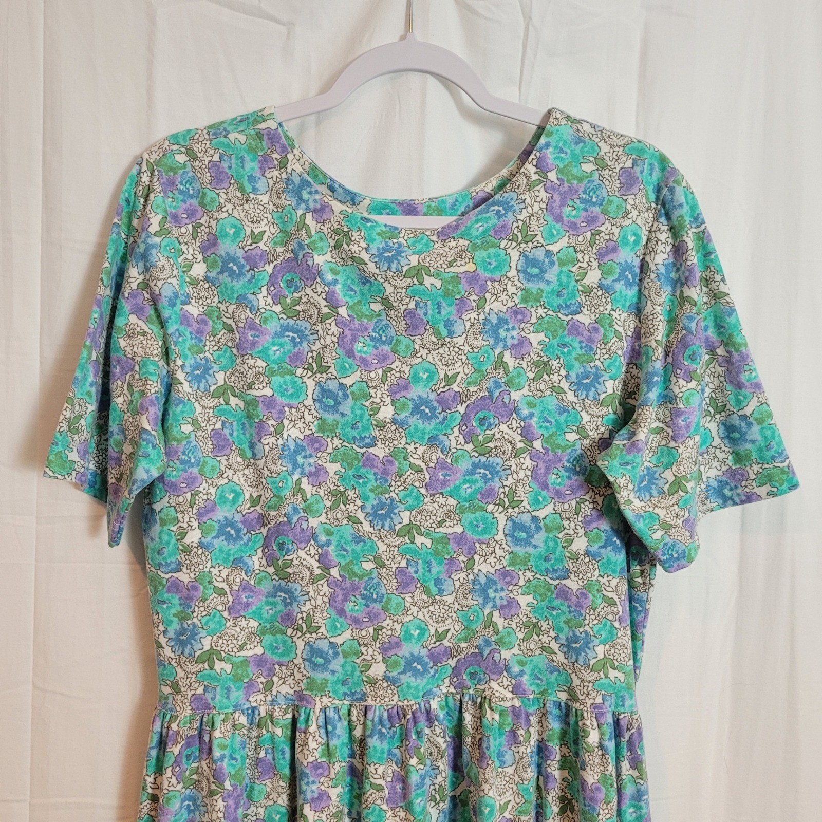 Vintage Lands End Floral Midi Dress Womens Large Teal Purple Cotton Blend USA