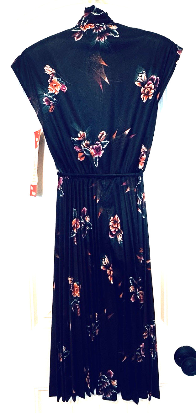 NWT Vintage 70s Black Cap Sleeve Ruffle Trim Floral Secretary Midi Dress S 8P