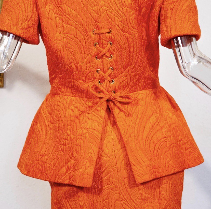 Vintage 1980s Escada Orange Wool Silk Skirt Suit Gold Button Size M UK 12