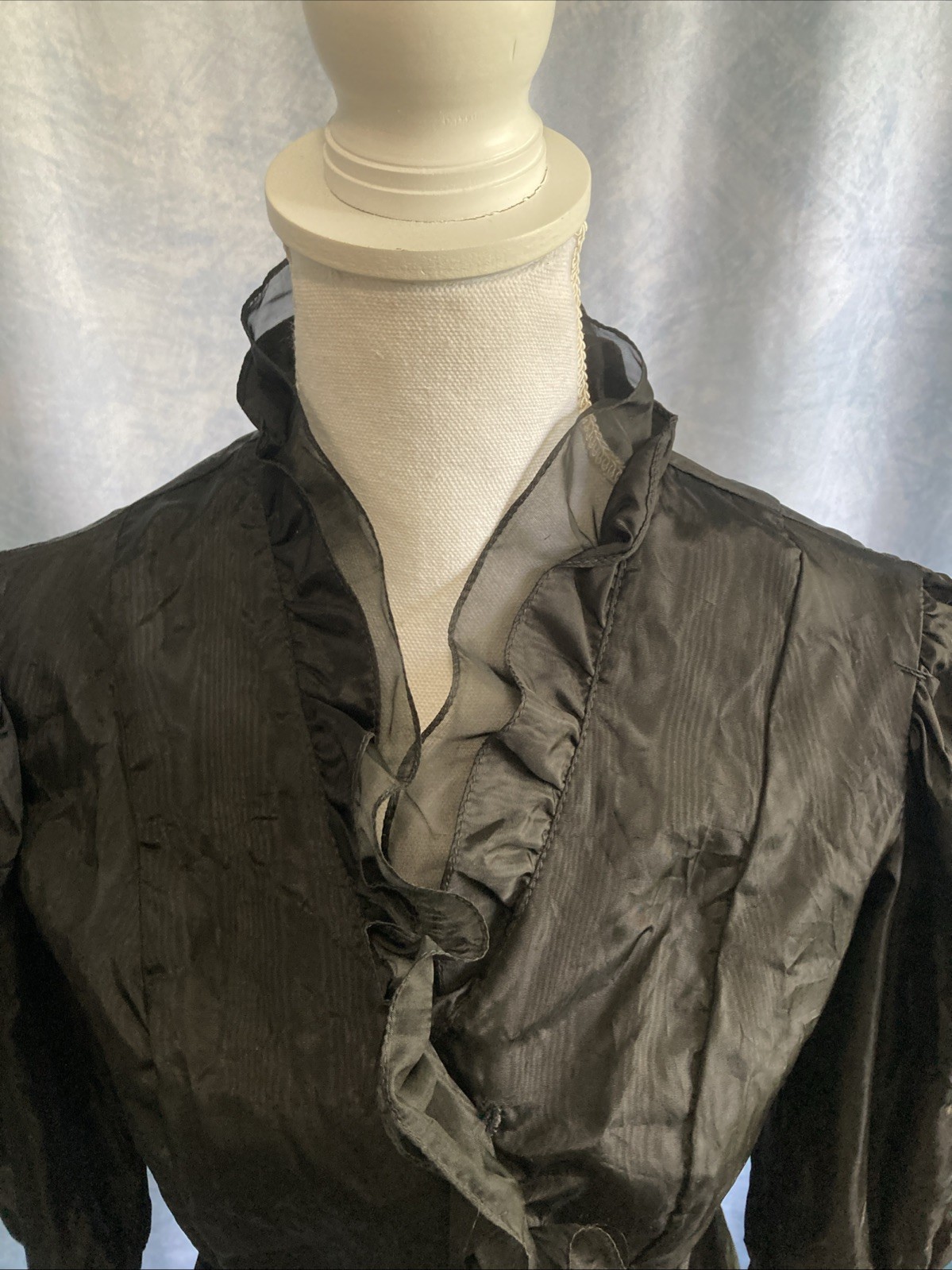 Vtg 80s Debut Goth Victorian Ruffle Jacket Blouse Acetate Balloon Sleeve Black