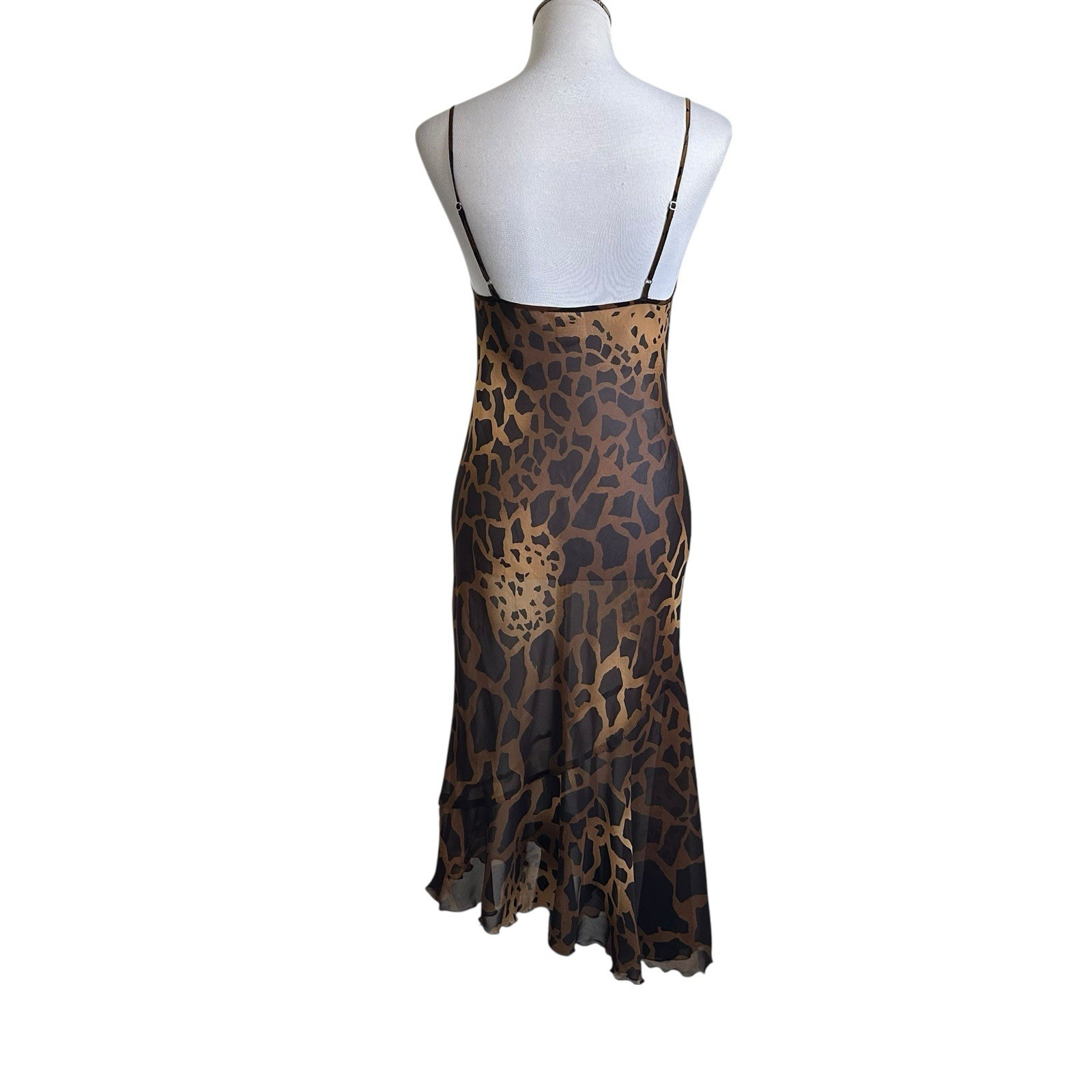 Vtg Y2K 90’s Asymmetrical Sleeveless Animal Print Semi Sheer Dress Small Brown