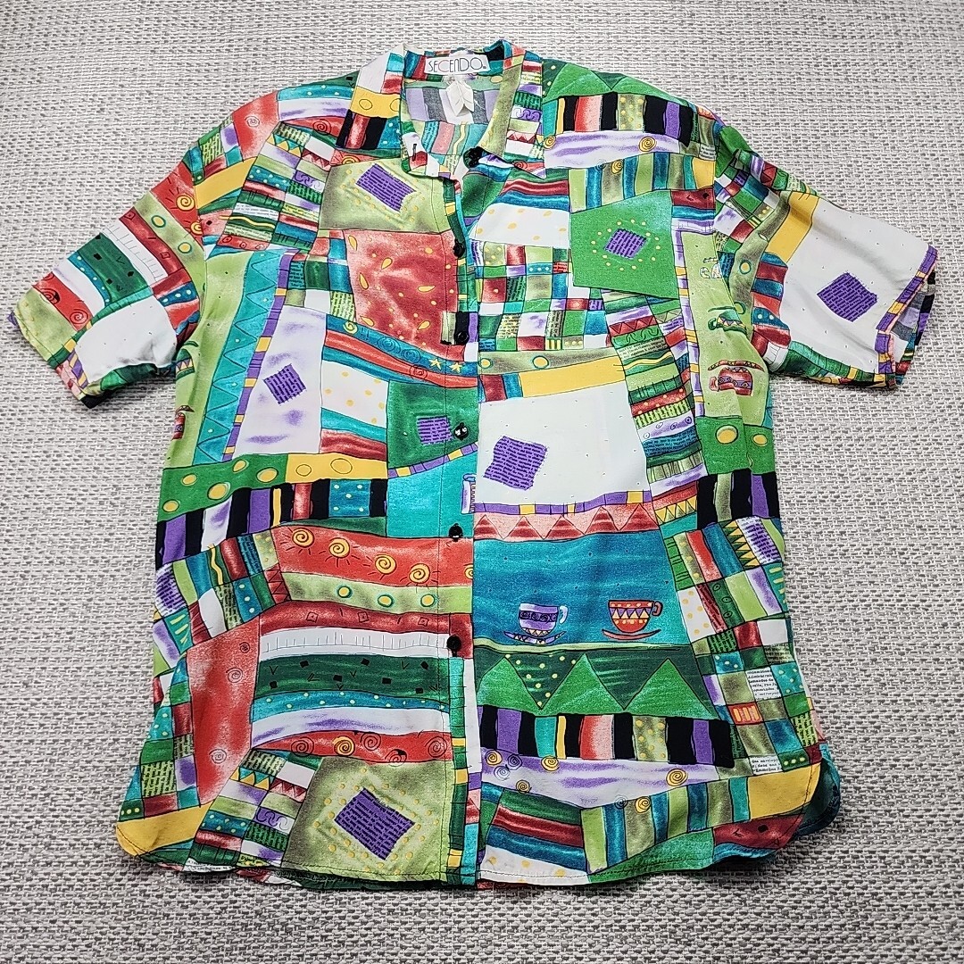 Vtg 80s 90s Secendo Shirt Womens L 41 Button Up Art Deco Germany Short Sleeve