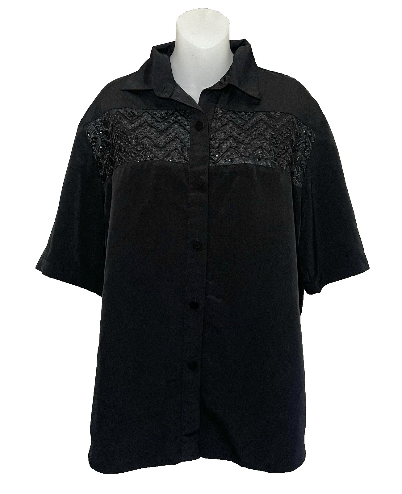Vintage Rio Blouse Med Western Wear Black Button Embellished Short Sleeve Sequin