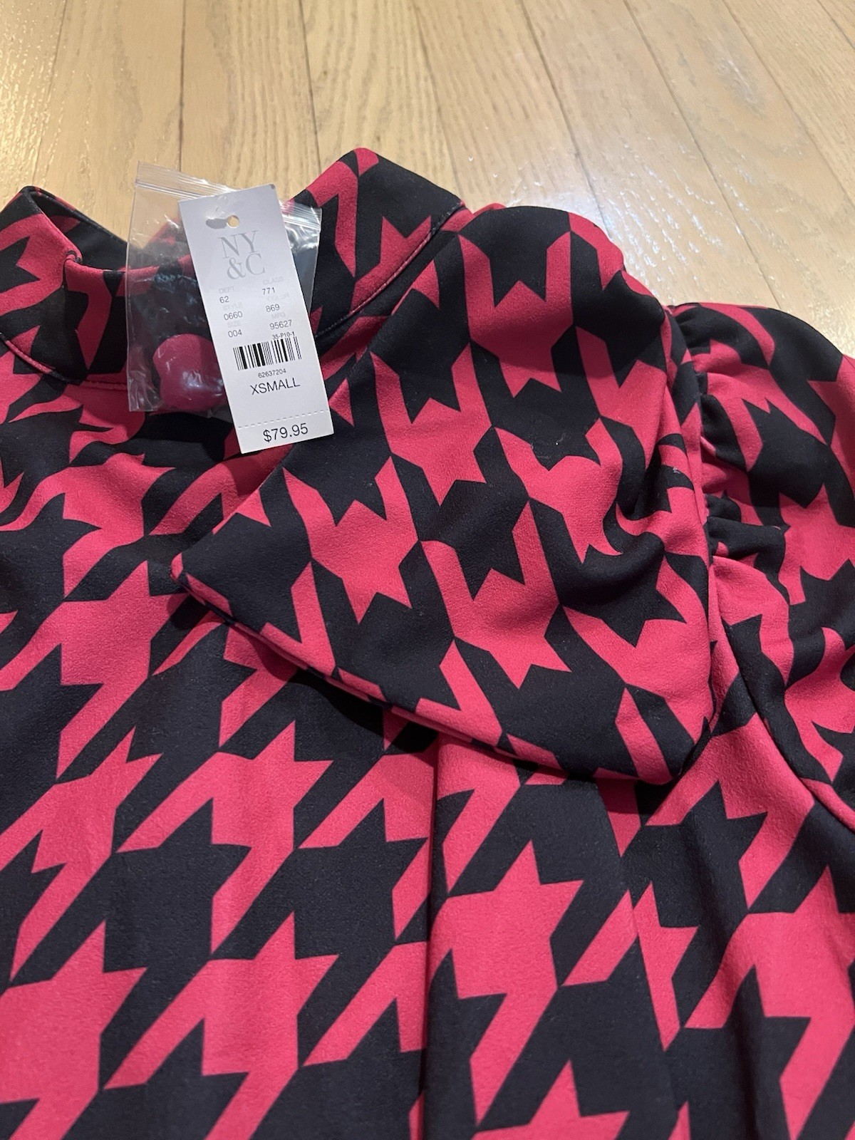 VTG NWT 80/90s Shaping Dress Shoulder Bow Geo Print Dark Pink/ Blk Cute! Sz XS