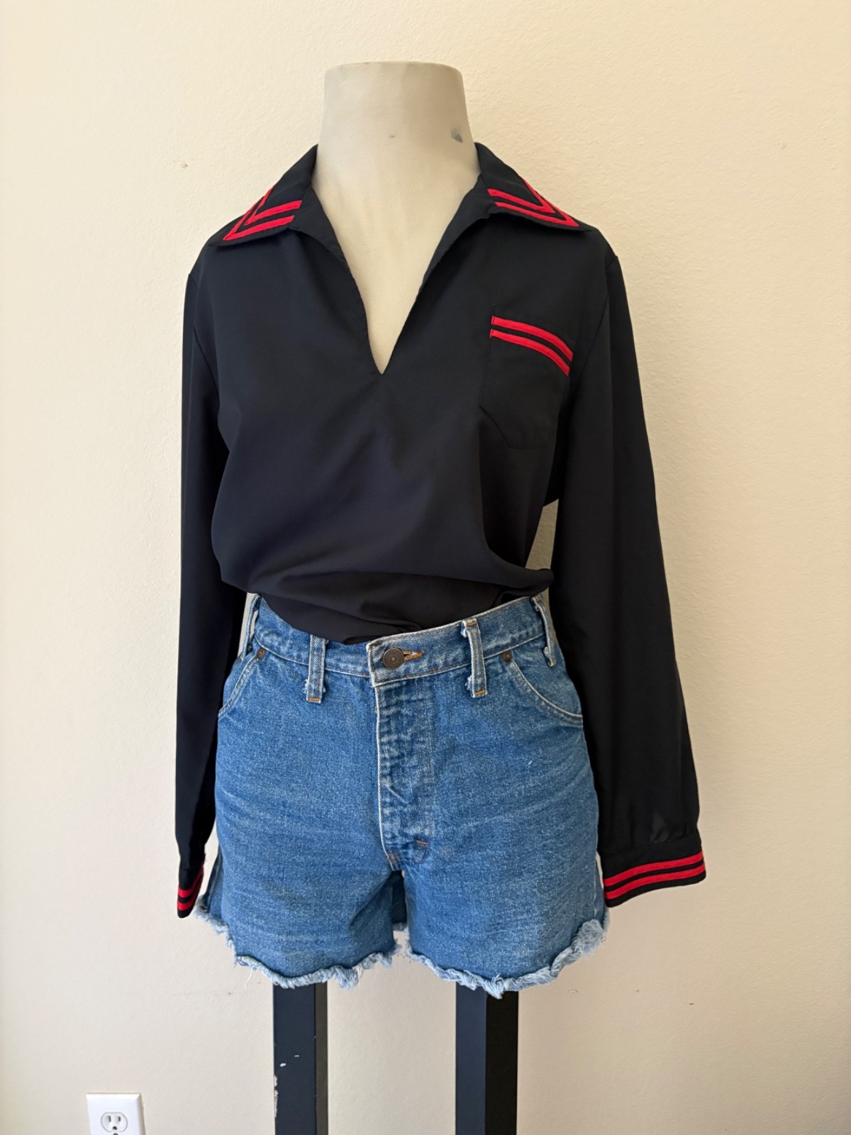 Vintage 1970s Disco Sailor Top Thin Black Red S Studio 54 Club