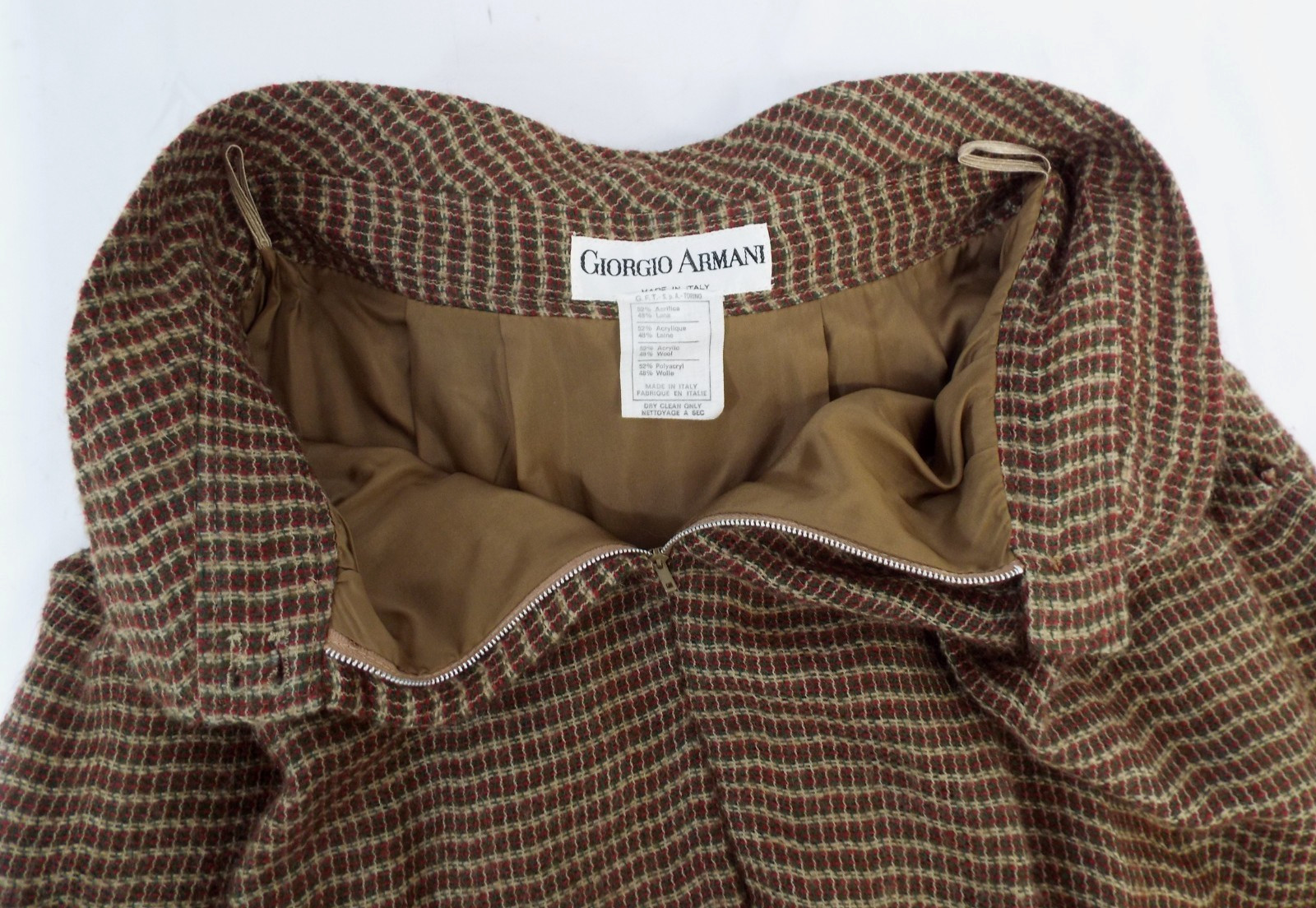 Vintage Giorgio Armani Brown Plaid Wool Blend Maxi Skirt 44 Fold Down Waist