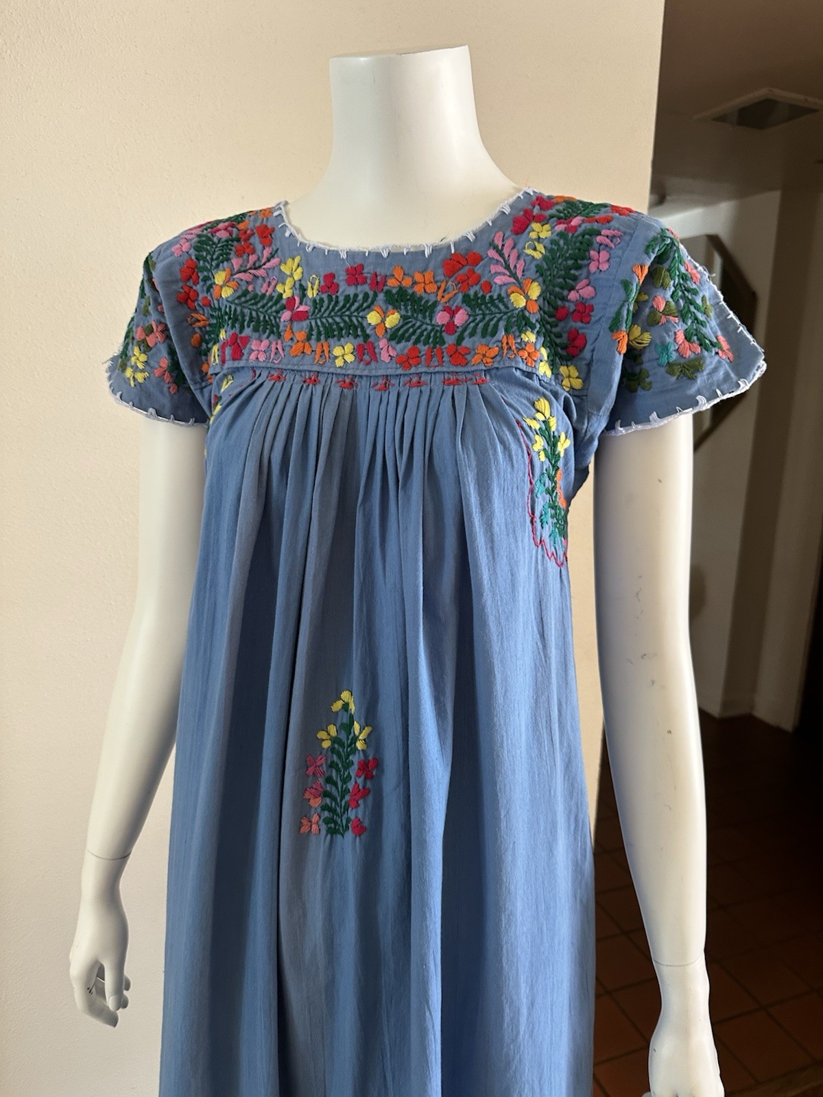 1970s Blue Cotton Oaxacan Mexican Huipil Dress Embroidered Floral Maxi Sz S VTG