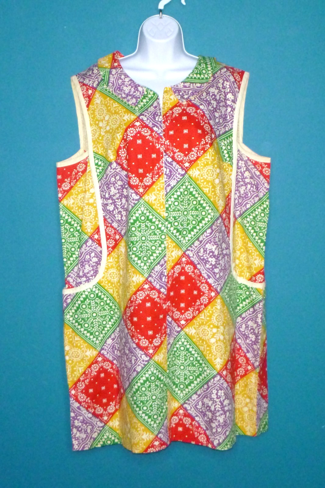 Vtg 60s MOD Faux Bandana patchwork House Dress Duster Zip Front VOLUP Sz XL/XXL