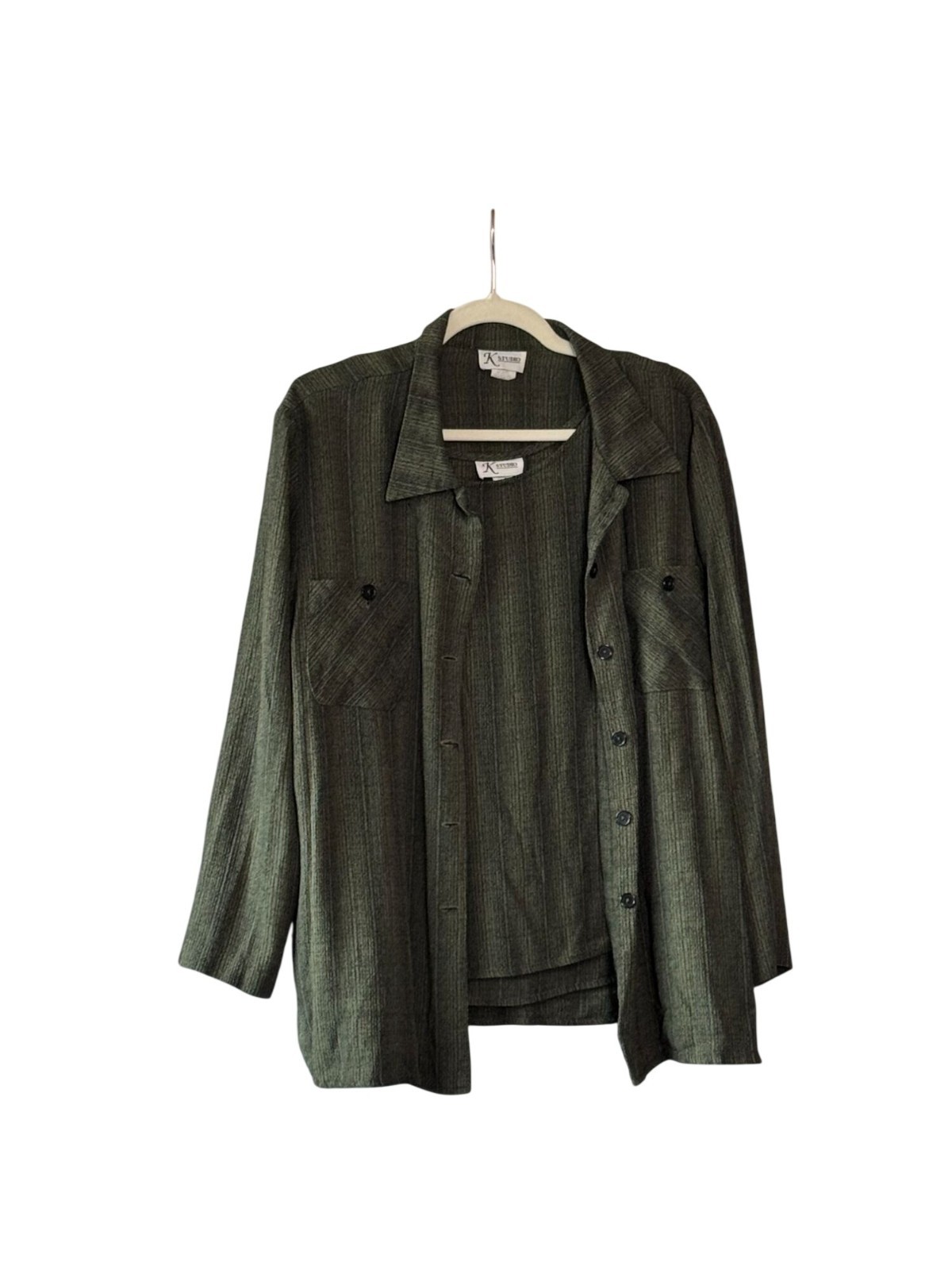 Vintage K Studio Olive Green Textured Shirt and Tank Set Size 14