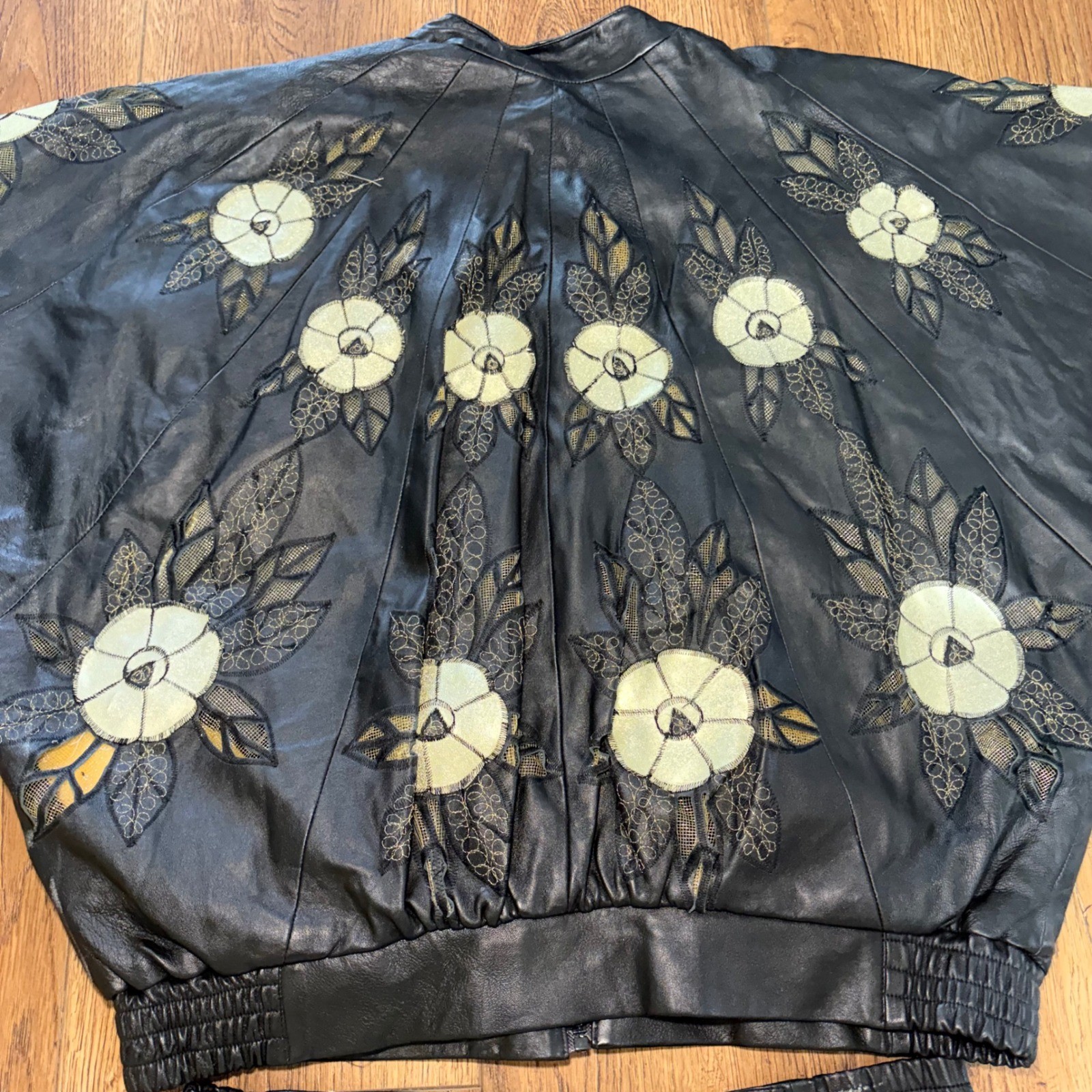 Vintage 80s Black Leather Floral Appliqué Matching Set Batwing Jacket & Skirt XL