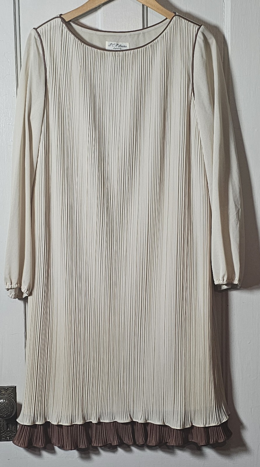 VTG Dress Hal German P.C.F. Petites Women 14P Tan Brown Trim L/S Ribbed Wedding