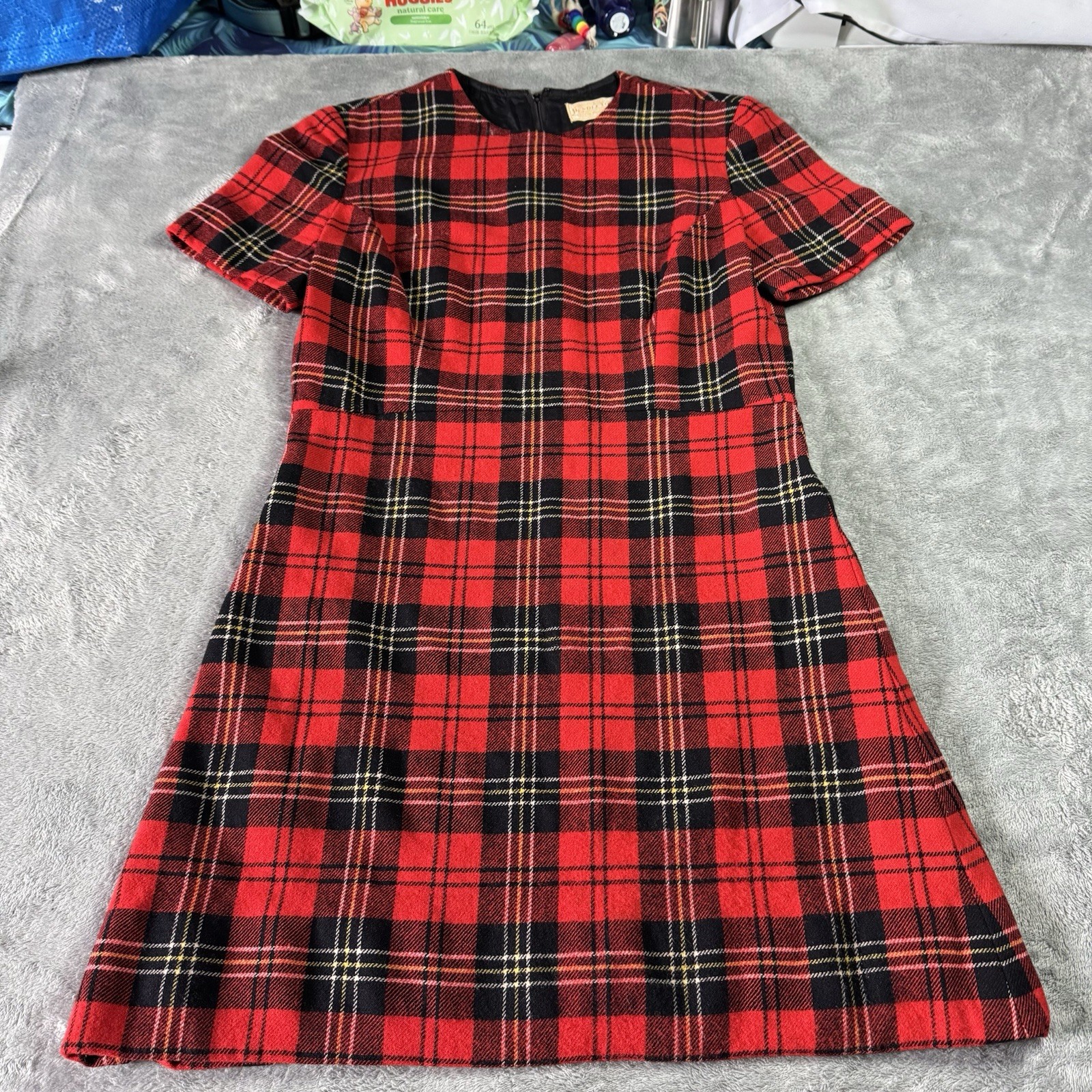 Vintage 60s Pendleton Virgin Wool Plaid Shift Dress Red Black Size 12 Retro Mod