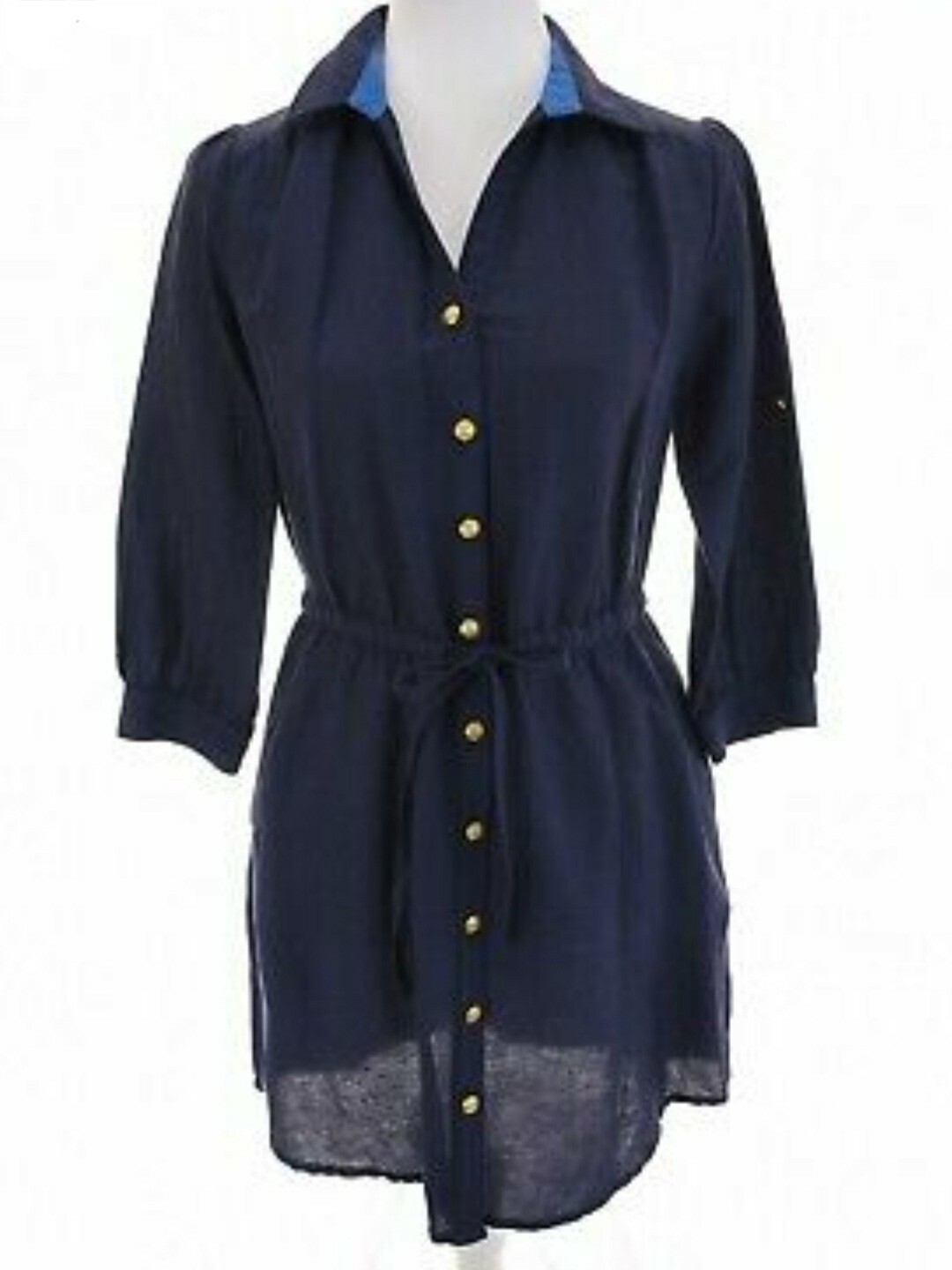 Julie Brown Vintage Size 8 Blue Button Drawstring Waist Linen Blend Shirt Dress