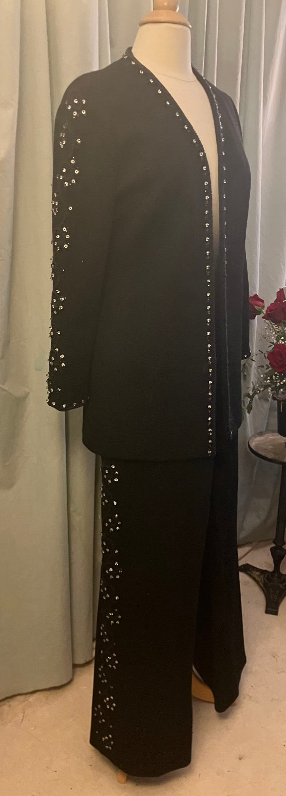 Spectacular Lilli Ann black knit suit XL wide leg beads sequins crystals Elvis!