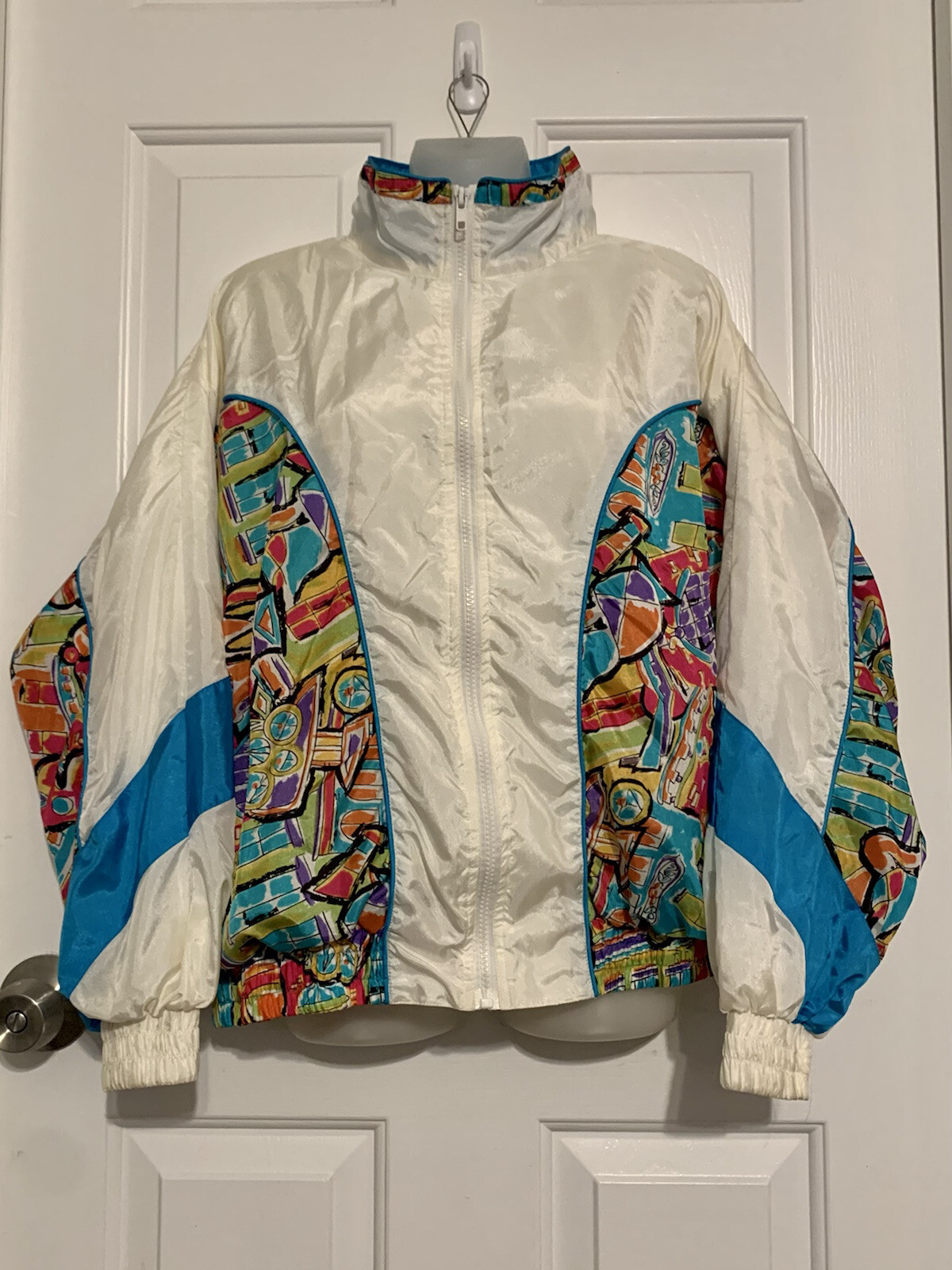 Vintage 80s WEAR 2B SEEN Womens Medium Windbreaker Jacket Retro Teal Blue White