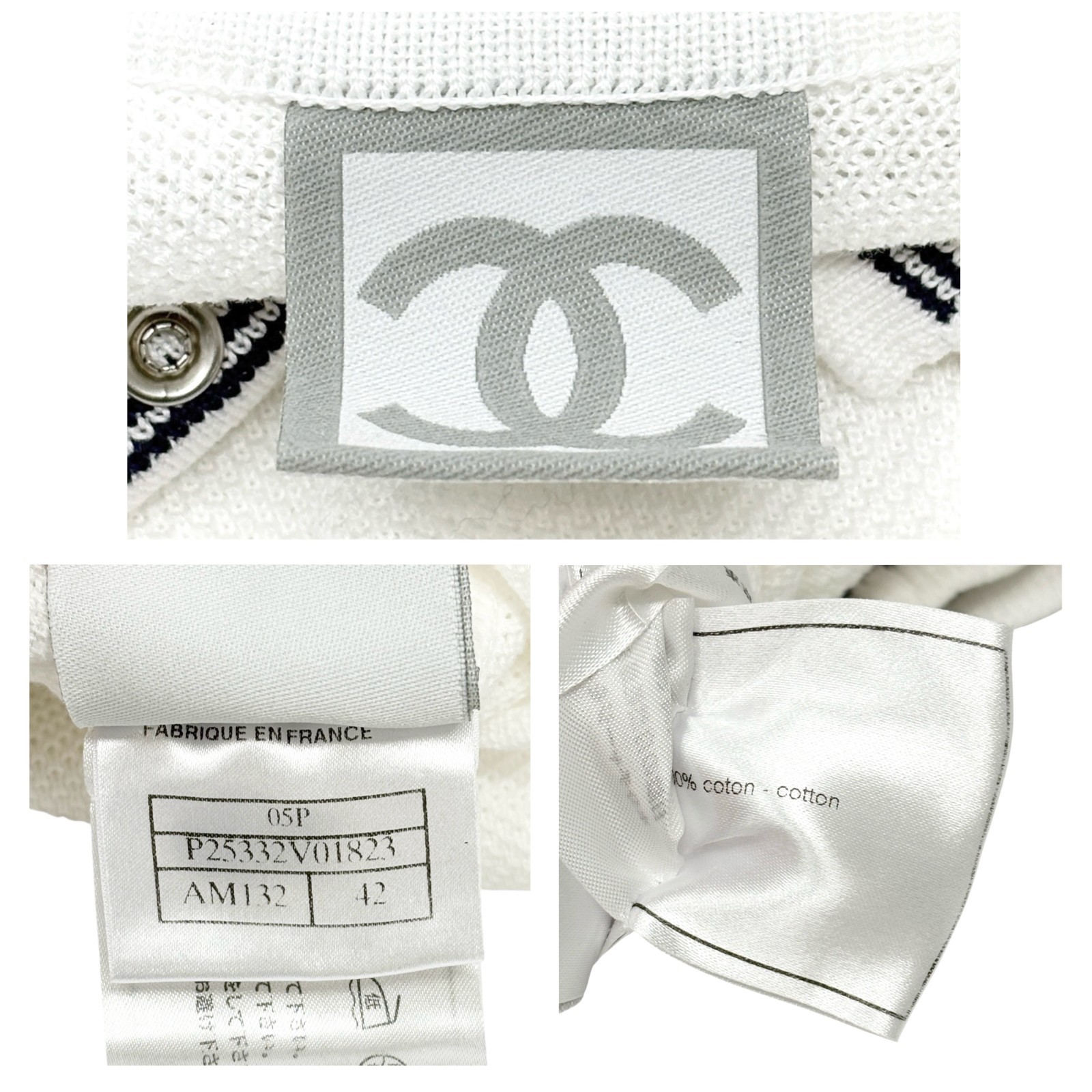 CHANEL Sport Vintage 05P CC Tennis Racket Polo T-shirt Top #42 White Cotton