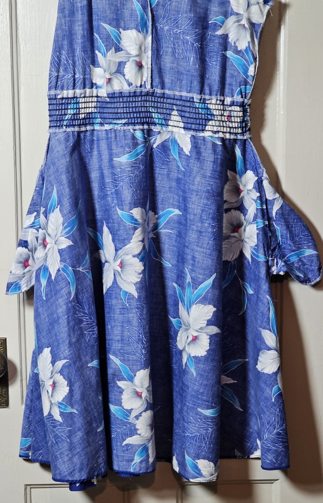 VGT 90s Banana Bay Dress Size M Blue Cotton Tropical Floral Hawaiian Hibiscus