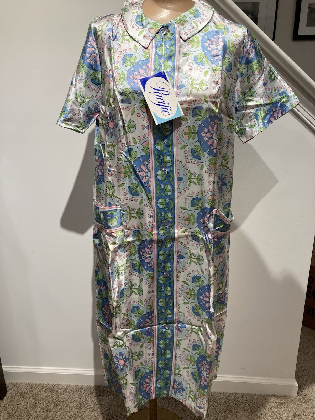 VTG 60s PACIFIC ACETATE ROBE HOUSECOAT BLUE/PINK FLORAL POCKETS SS – NEW NWT- 14