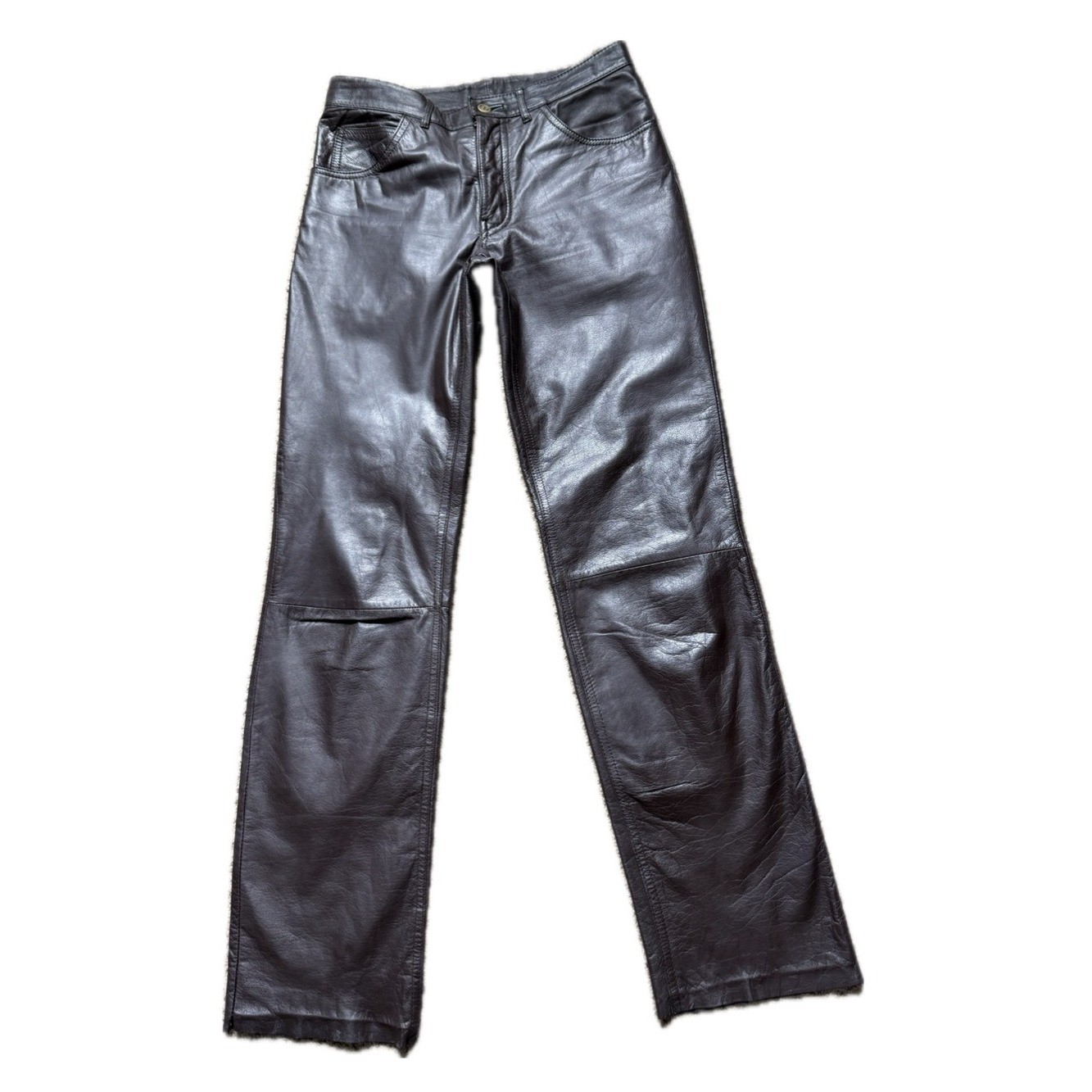 🟤 SETTLER Dark Brown Genuine Leather Raw Hem Pants | Vintage Glam Y2K | 30×32