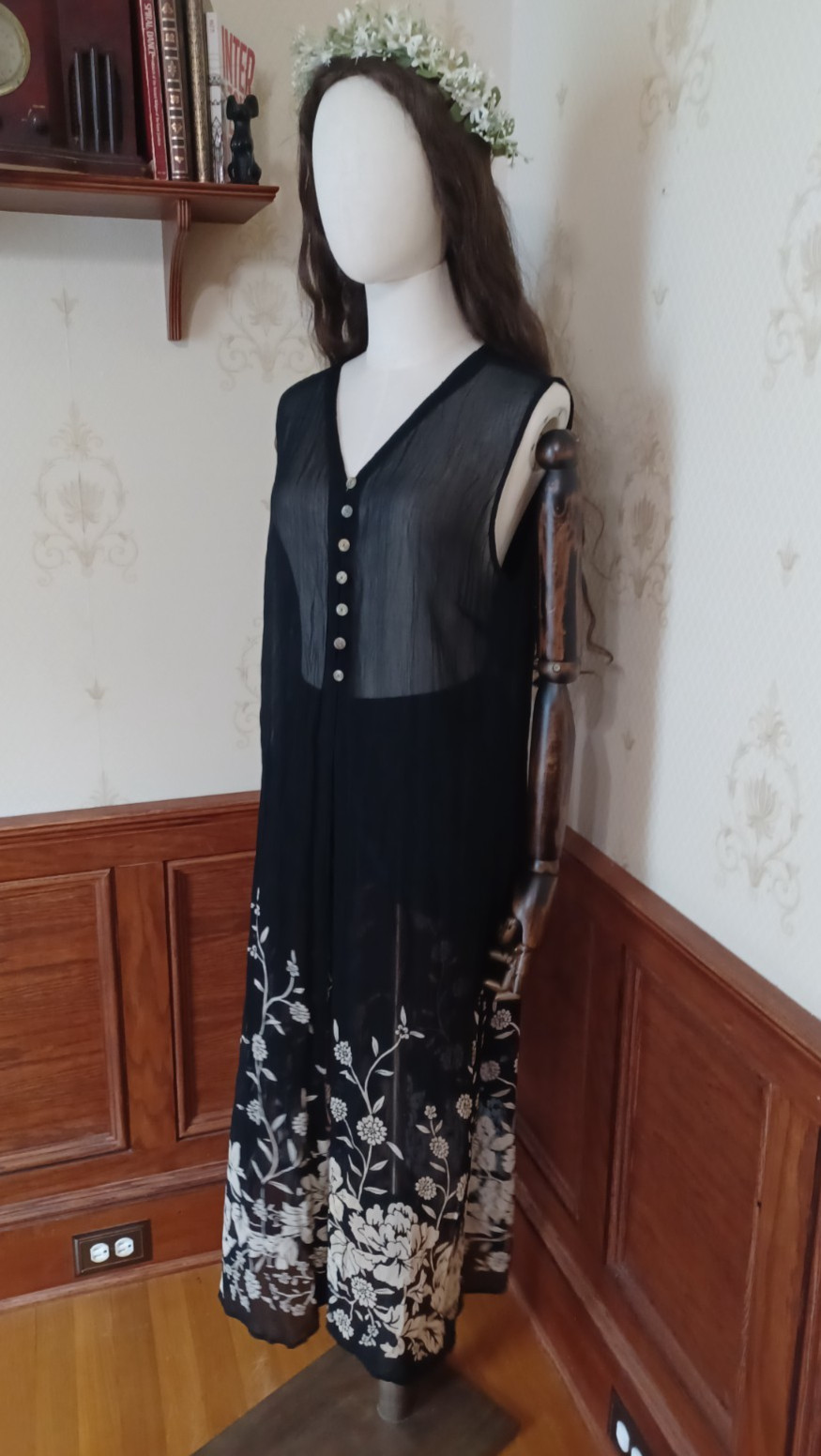 Vintage 1990s Lolette Sheer Black Floral Whimsigoth Boho Witchy Duster Vest