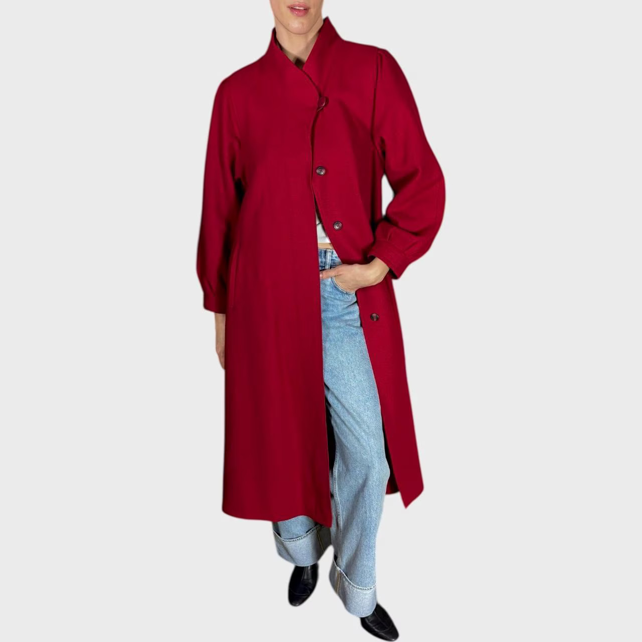 Vintage Red Wool Coat Belted Waist Elegant Longline Overcoat size US10; EU40