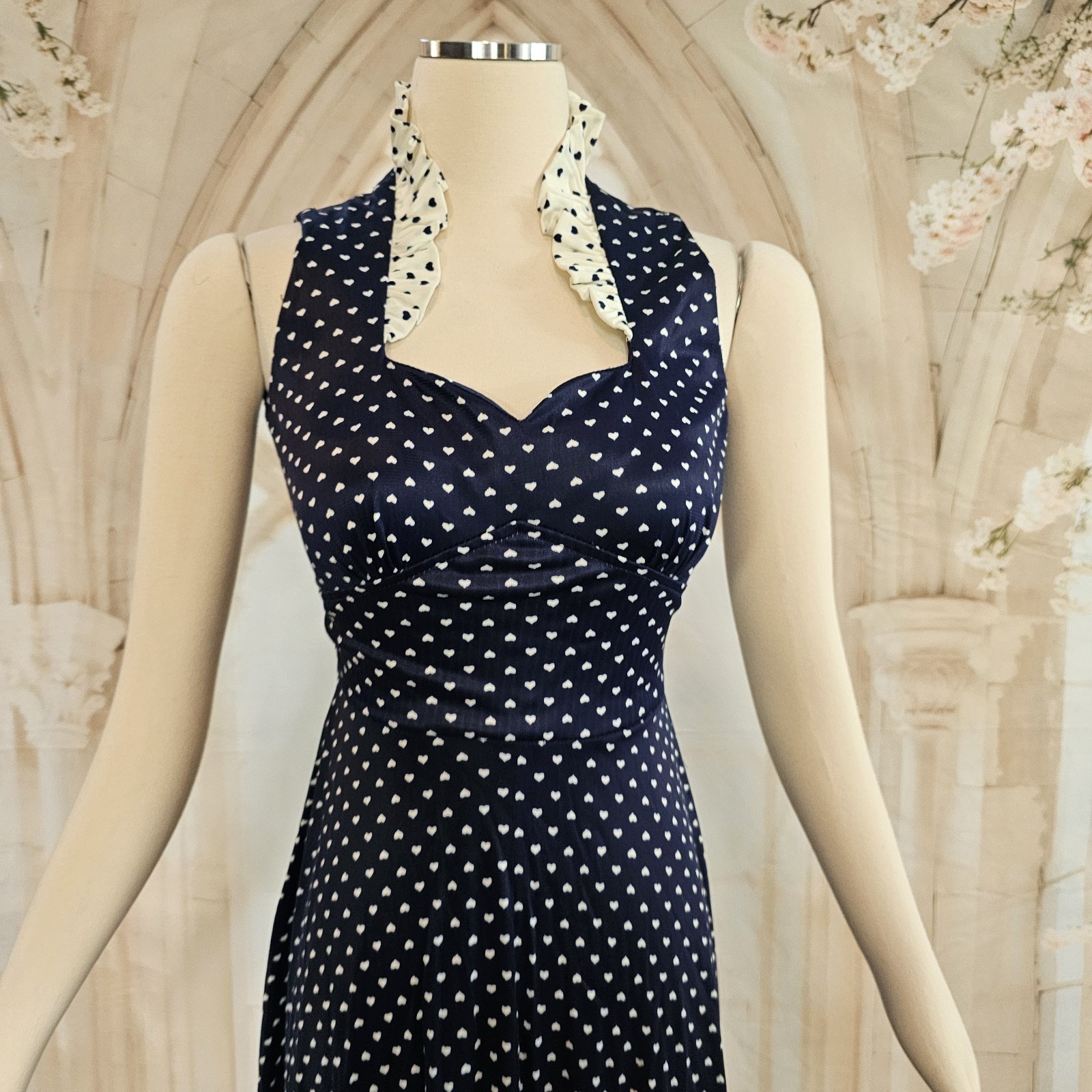 Vintage 1970s Dress Navy Blue White Hearts Ruffle Sweetheart Neckline Maxi