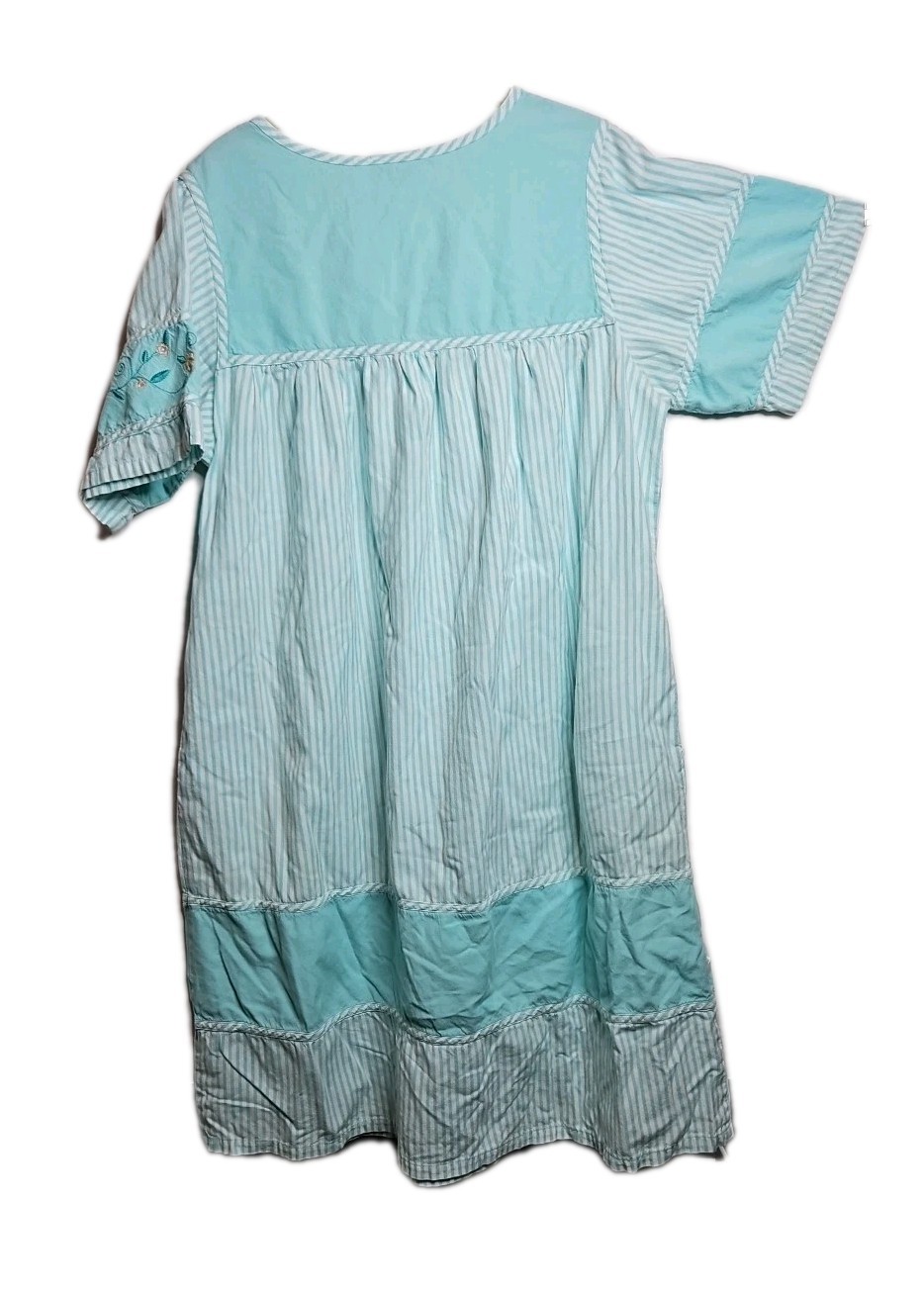 Vintage Embroidered Light Blue Striped Muumuu House Dresses Size Med