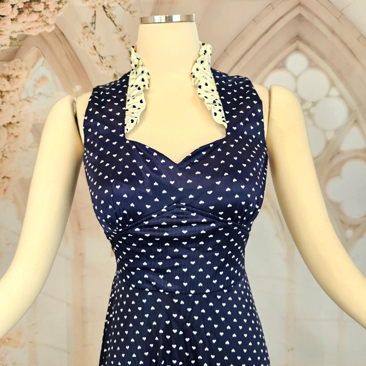 Vintage 1970s Dress Navy Blue White Hearts Ruffle Sweetheart Neckline Maxi