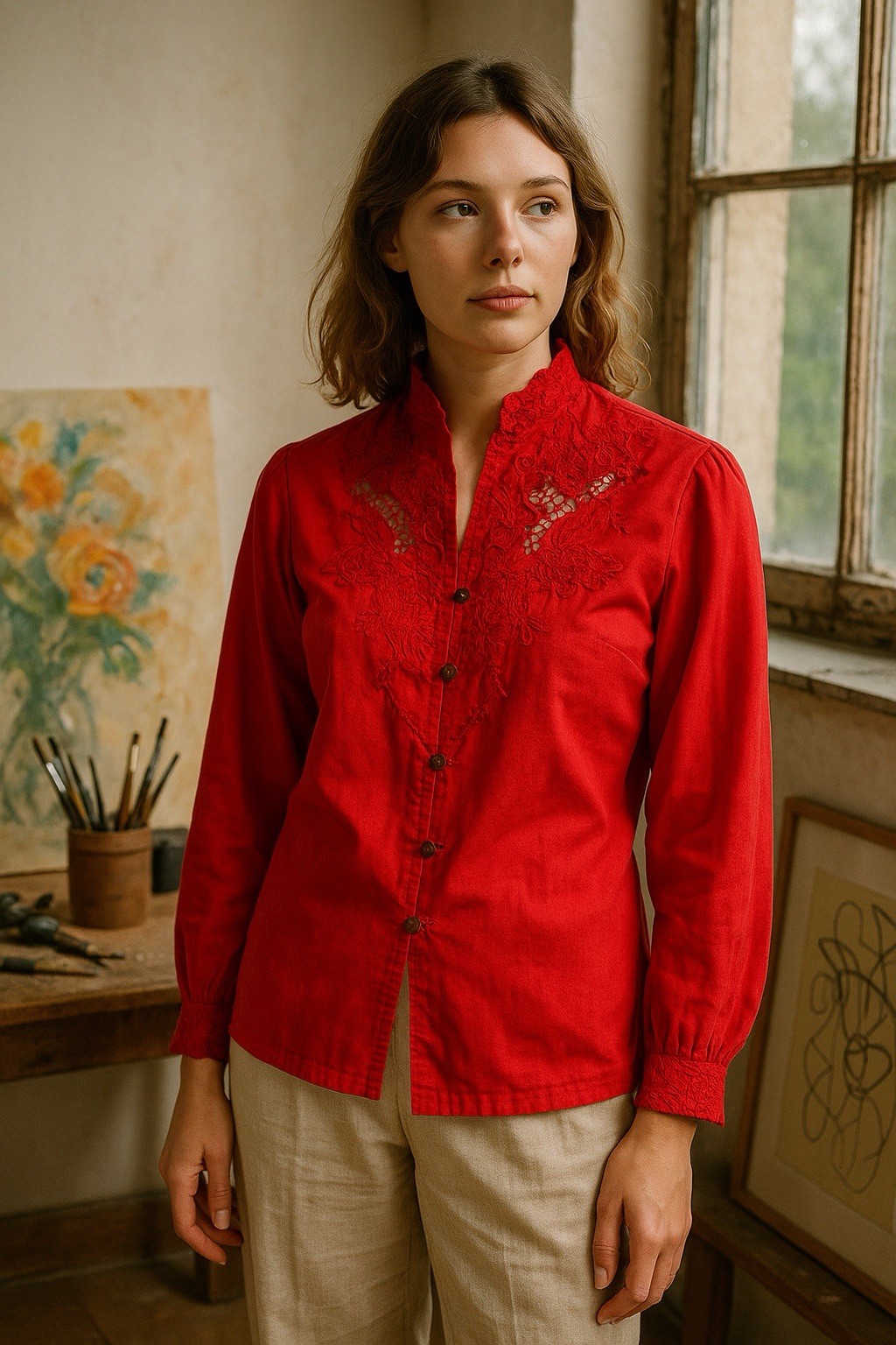 Vintage Daffodil Red Embroidered Blouse S Artsy Lace Button Top China Style Rare