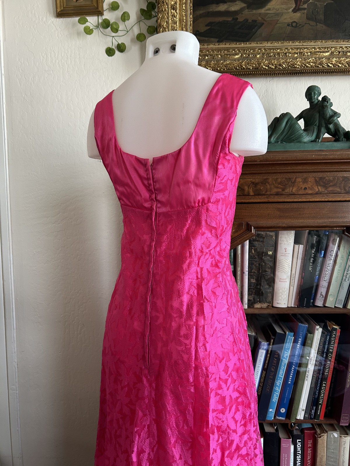 Vintage 1960s HOT Pink Shiny Empire Waist Maxi Dress Lace Overlay Formal XS S