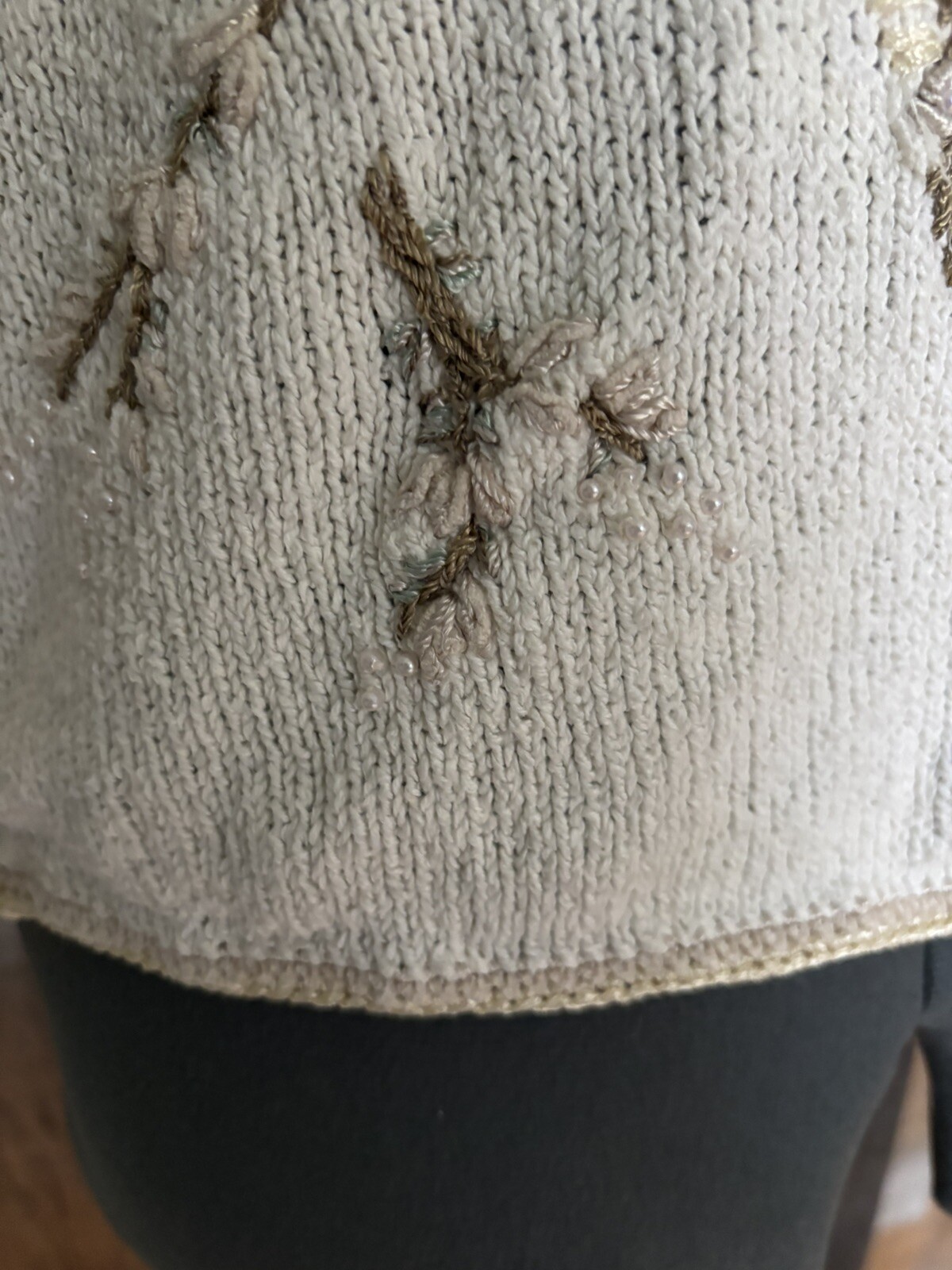 Vintage 90s Talbots Petites Beaded Floral Sweater M Ramie Cotton Beige