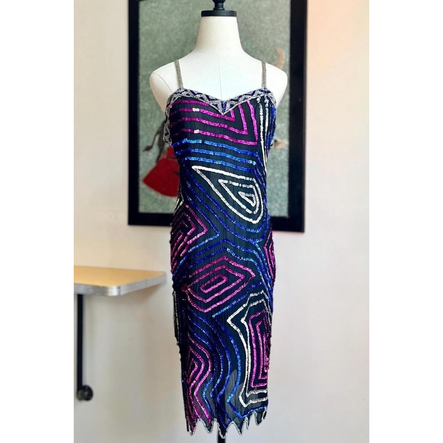 Vintage 90s Beaded Silk Slip Dress | Caché Sequin Bias Cut Jagged Hem | M