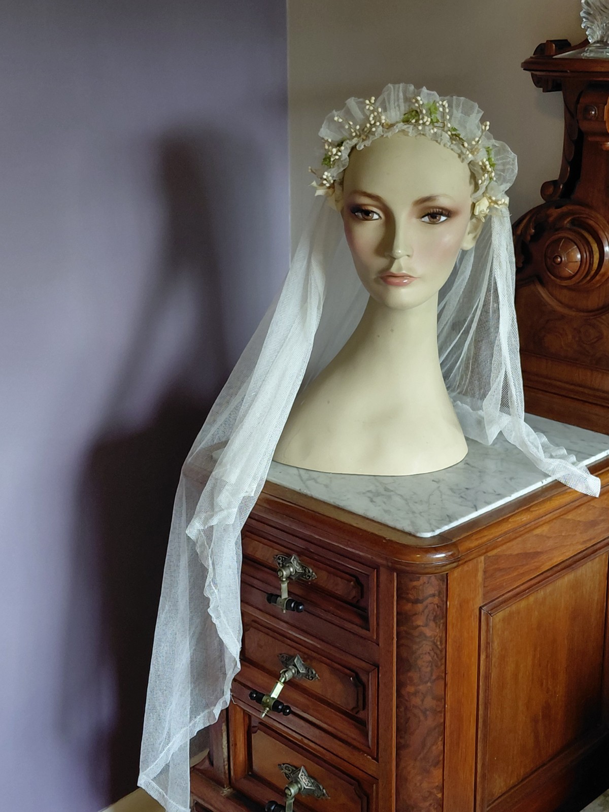 Antique Vintage 1920&rsquo;s Wedding Bridal Veil Wax Orange Blossom Buds Peach Ribbons