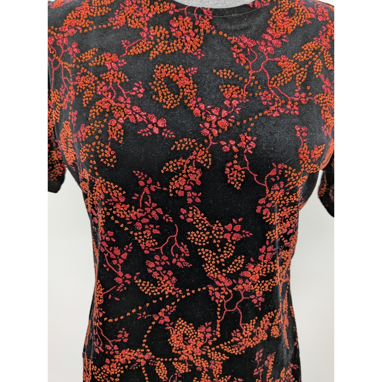 Whimsigoth Boho Glam Y2K Black Pink Glitter Floral Velvet Short Sleeve M/L Top
