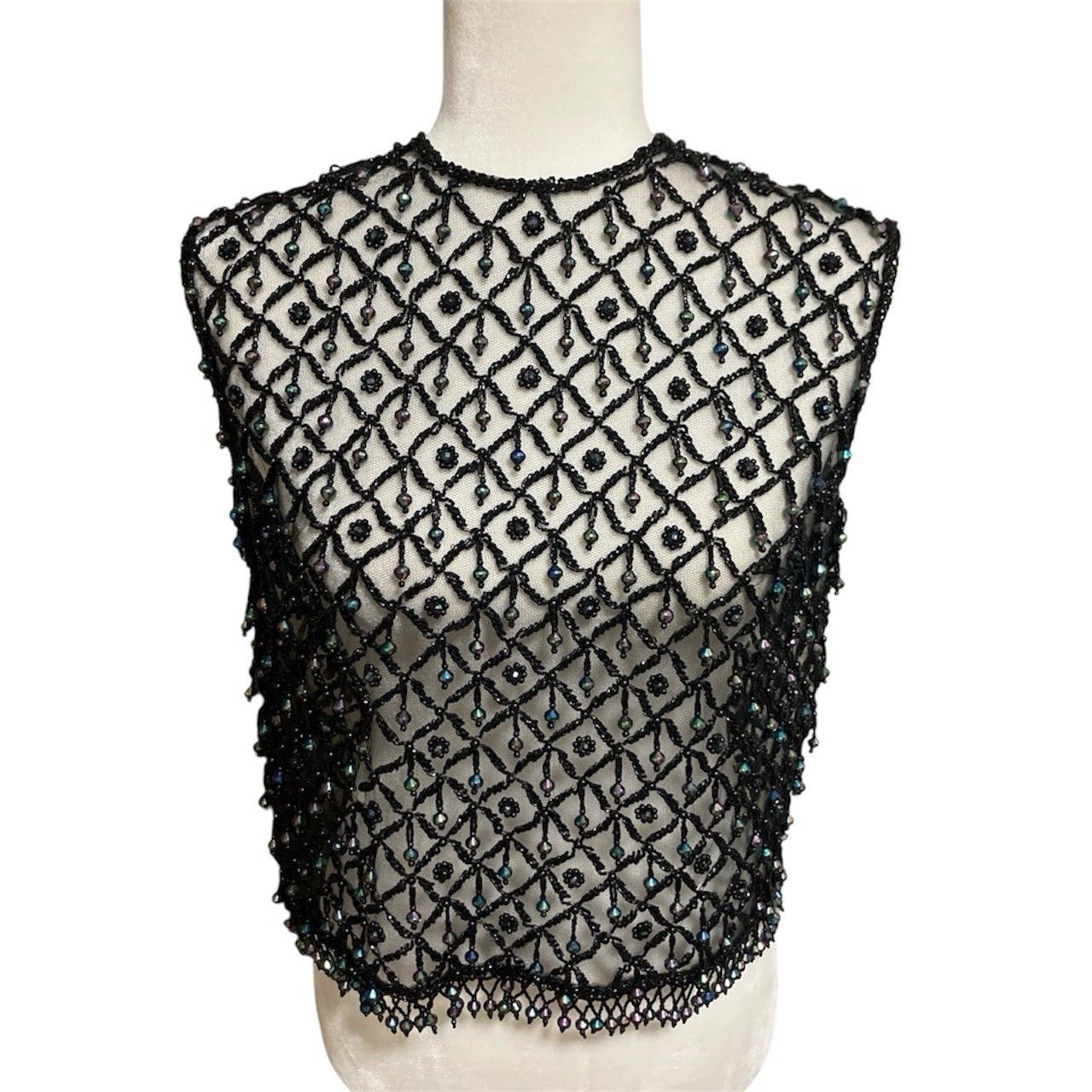 Vintage Handmade Beaded Mesh Iridescent Sleeveless Black Top