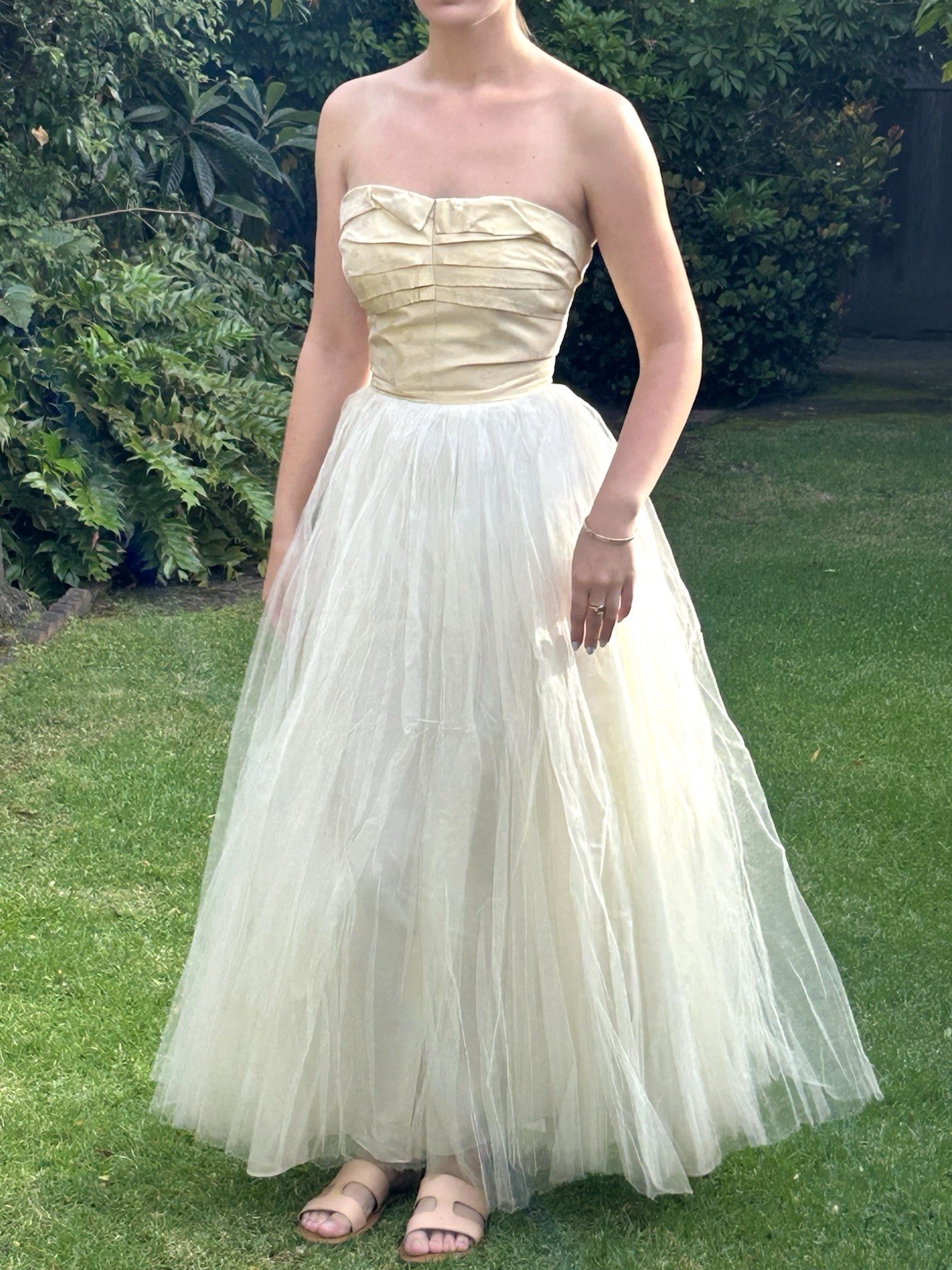 Vintage 50s S Strapless cotillion party Prom dress long Ivory Tulle