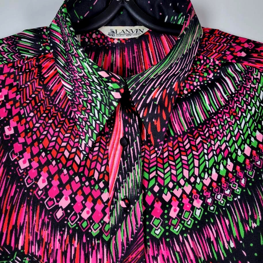 Vtg 70s Lanvin Paris Pyschedelics Top Size 14 Women&rsquo;s LS Polyester Point Collar