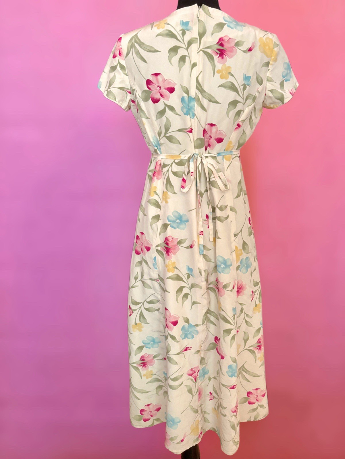 Vintage 80s 90s Patrick Petite 100% Silk Butter Yellow Pink Floral Maxi Dress 6P