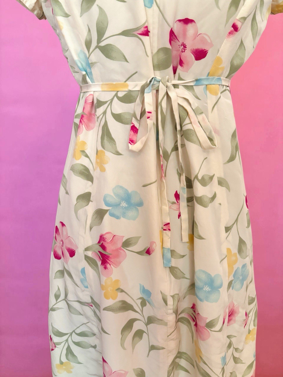 Vintage 80s 90s Patrick Petite 100% Silk Butter Yellow Pink Floral Maxi Dress 6P