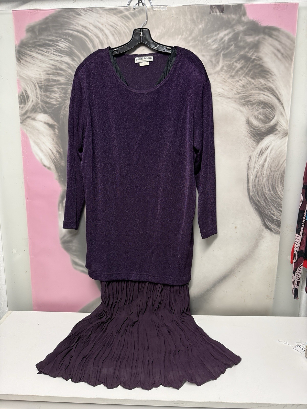 Sharon Anthony Vintage Two Piece Set Purple Sweater Crinkle Long Dress Skirt 22W
