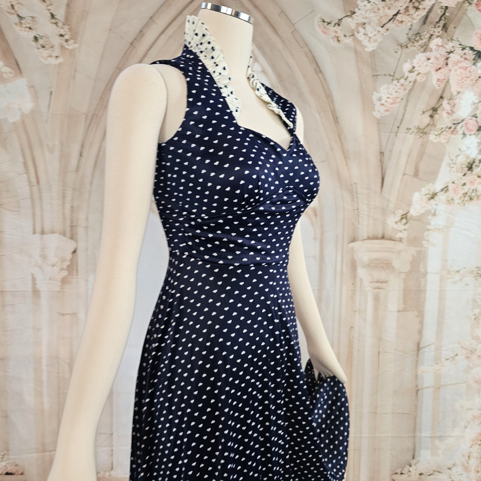 Vintage 1970s Dress Navy Blue White Hearts Ruffle Sweetheart Neckline Maxi